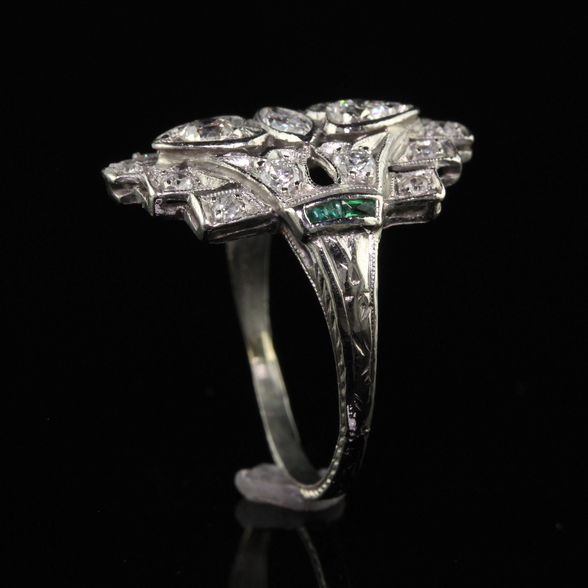 Antique Art Deco Platinum Old Euro Marquise Diamond and Emerald Shield Ring For Sale 2