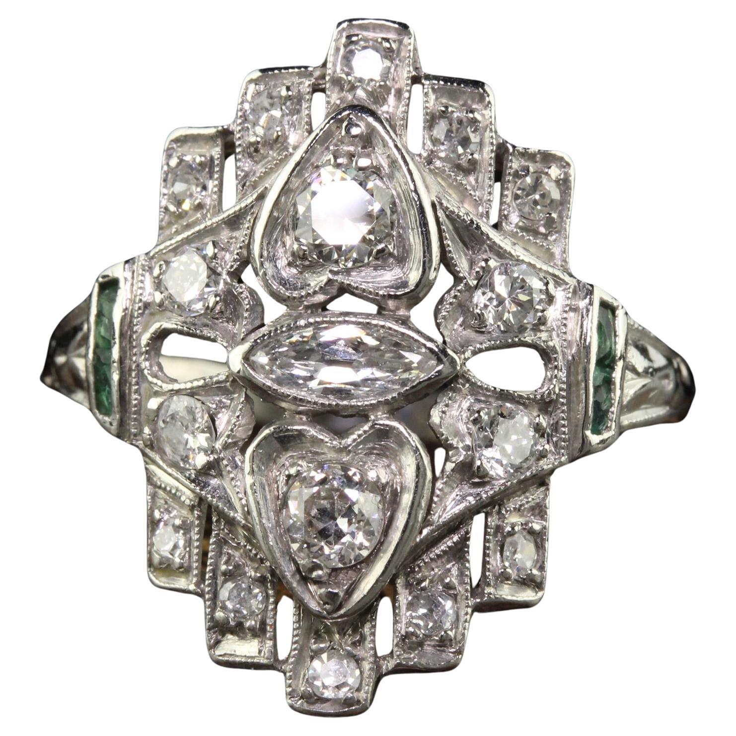 Antique Art Deco Platinum Old Euro Marquise Diamond and Emerald Shield Ring For Sale