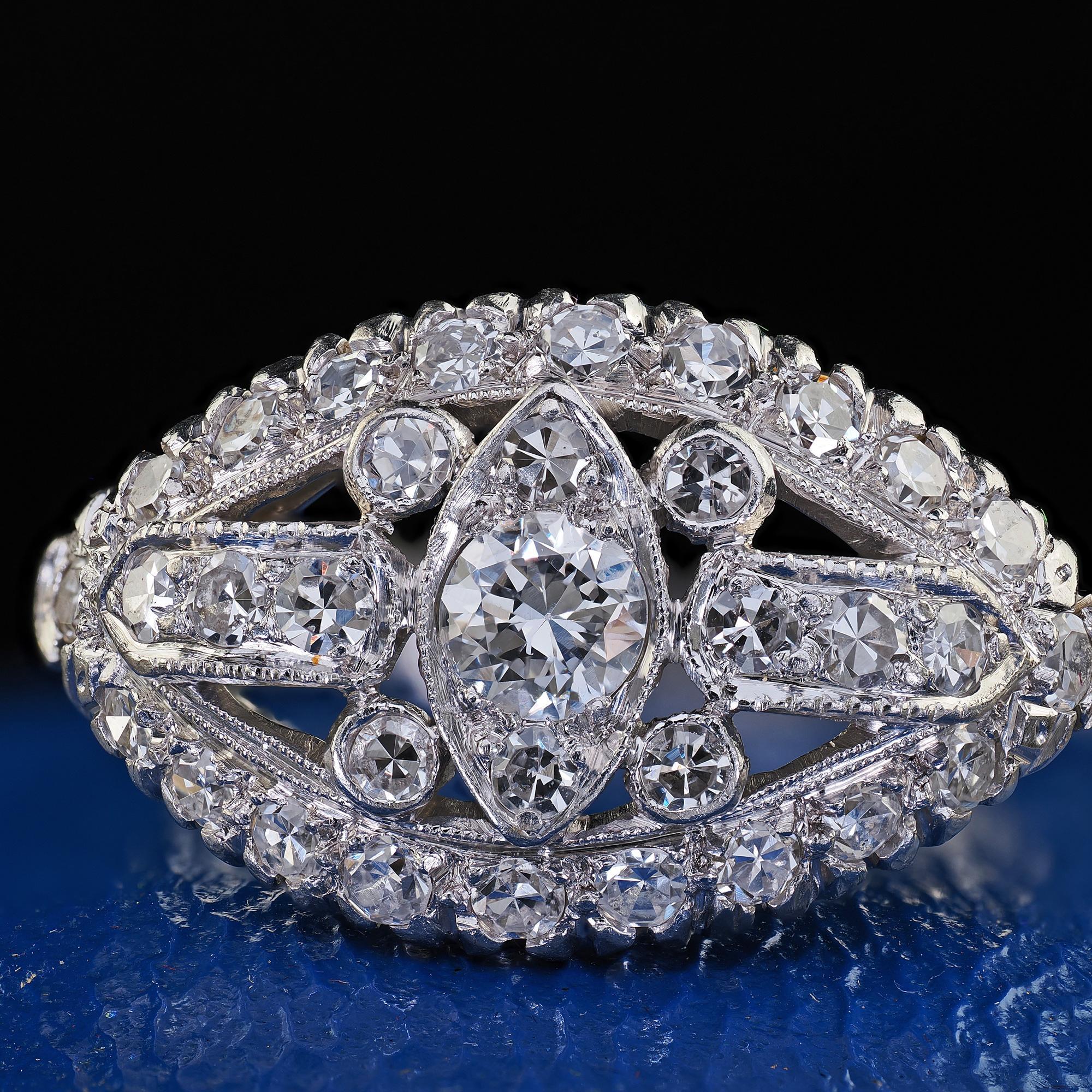 Bague filigrane Art déco ancienne en platine avec diamant taille unique européenne en vente 1