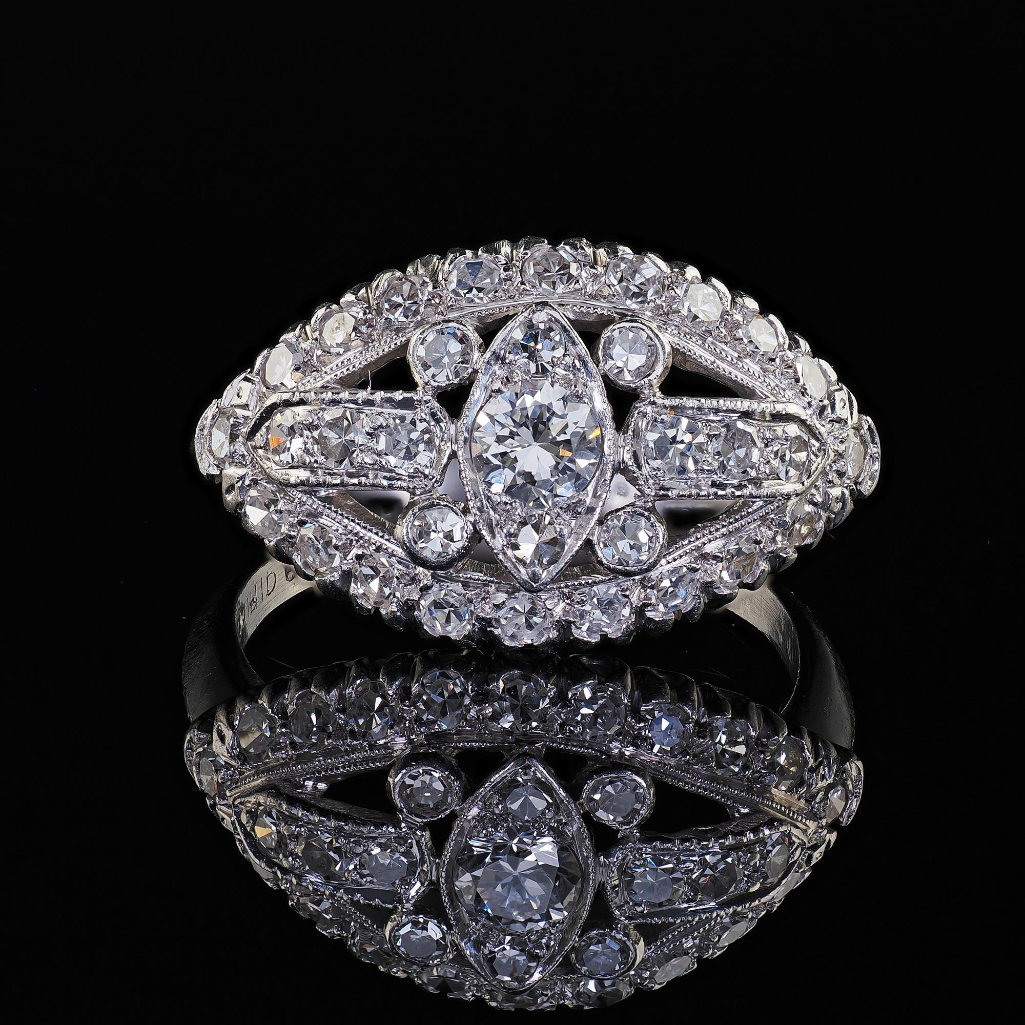 Bague filigrane Art déco ancienne en platine avec diamant taille unique européenne en vente 2
