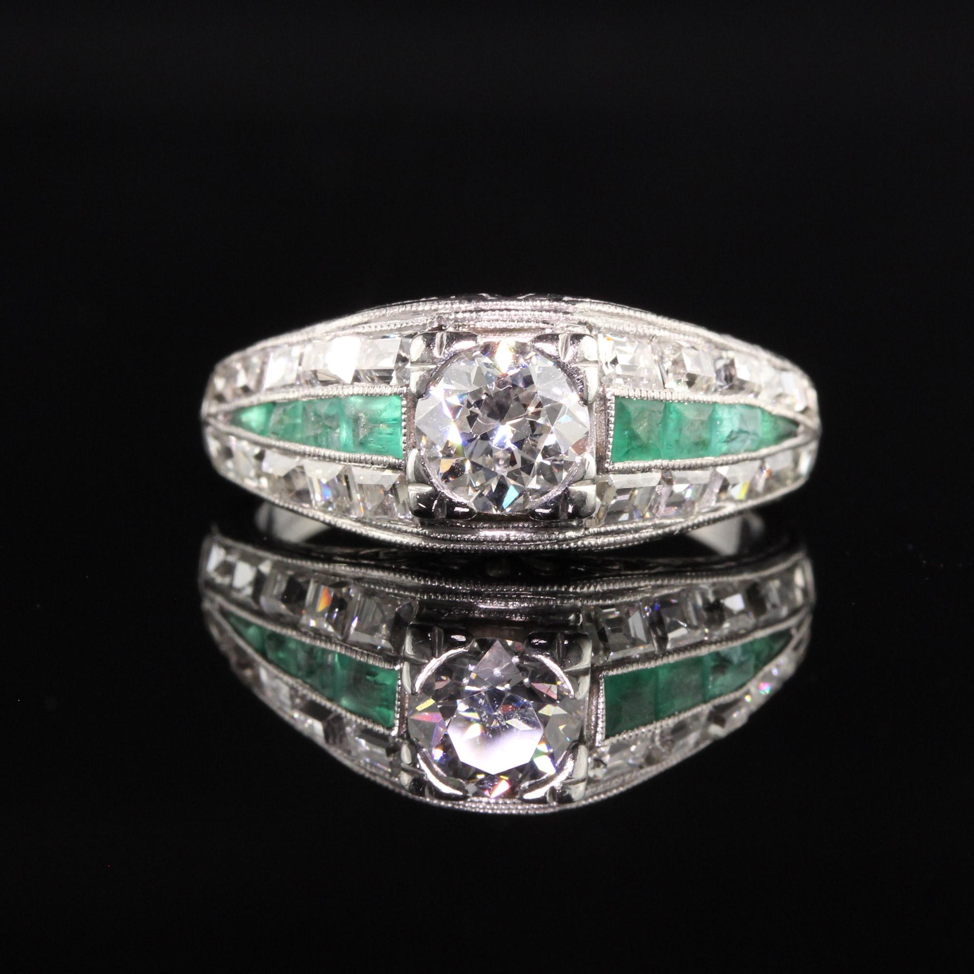 Old European Cut Antique Art Deco Platinum Old European and Carre Cut Diamond Engagement Ring For Sale