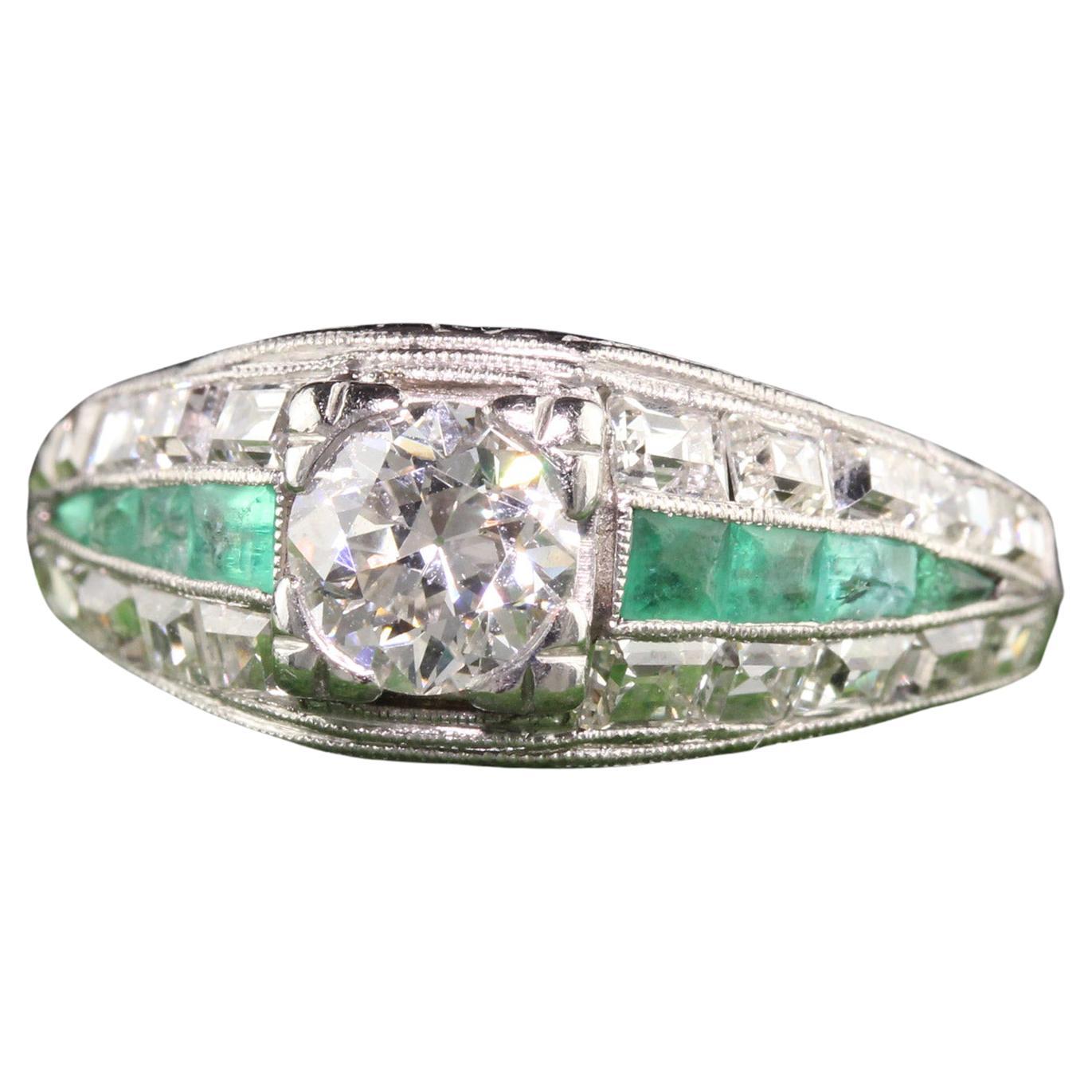 Antique Art Deco Platinum Old European and Carre Cut Diamond Engagement Ring For Sale