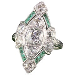 Antique Art Deco Platinum Old European Cushion Diamond and Emerald Shield Ring