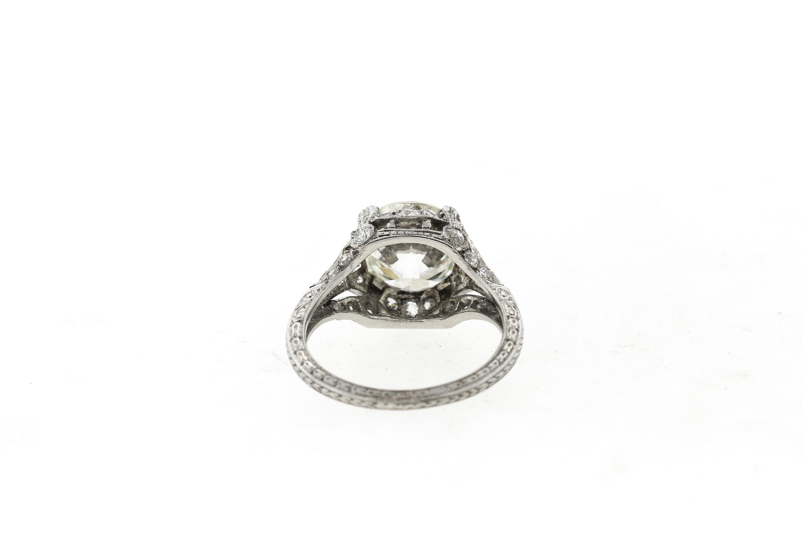 Antique Art Deco Platinum Old European Cut Diamond 3.35 Carat Ring In Good Condition In New York, NY