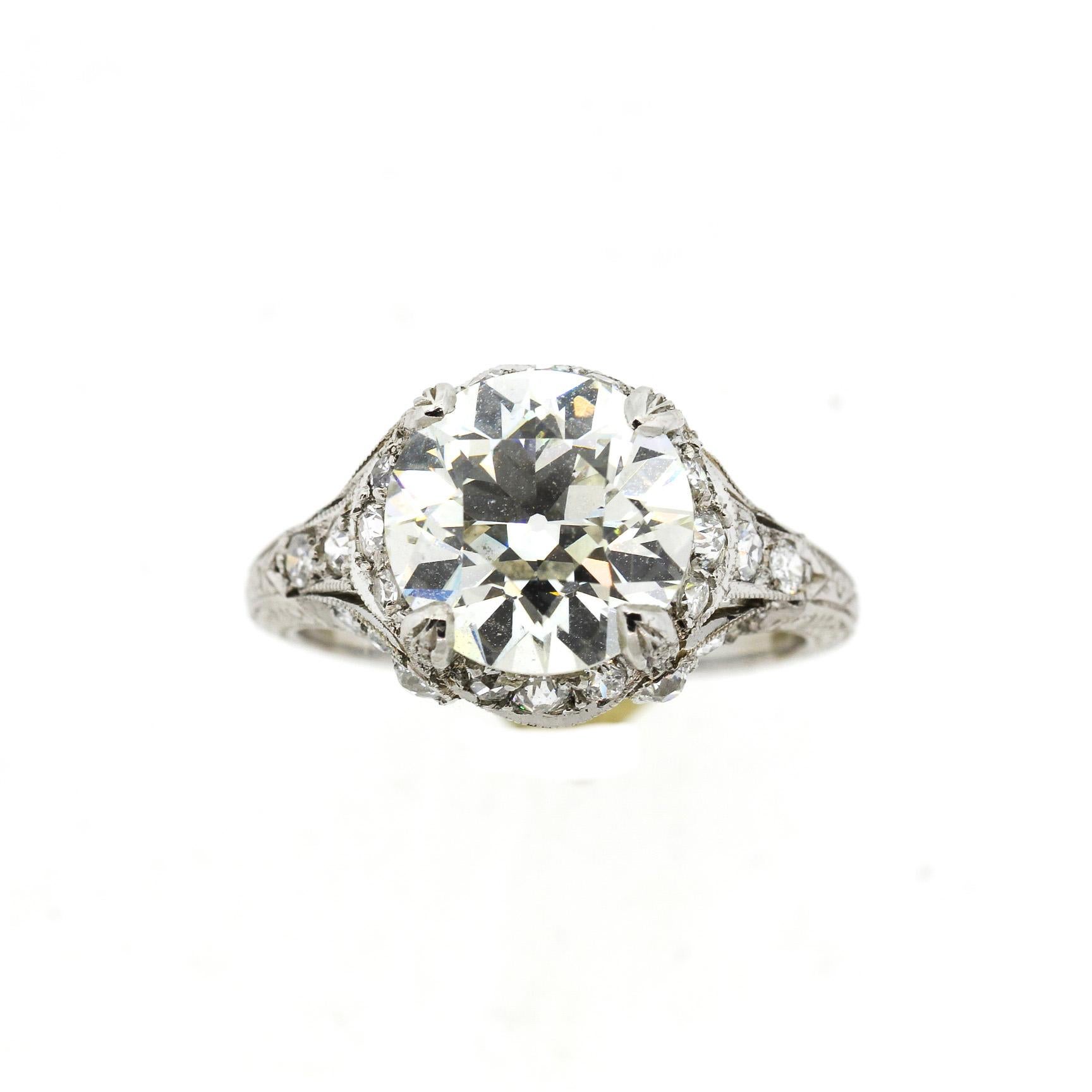 Women's or Men's Antique Art Deco Platinum Old European Cut Diamond 3.35 Carat Ring