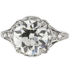 Antique Art Deco Platinum Old European Cut Diamond 3.35 Carat Ring