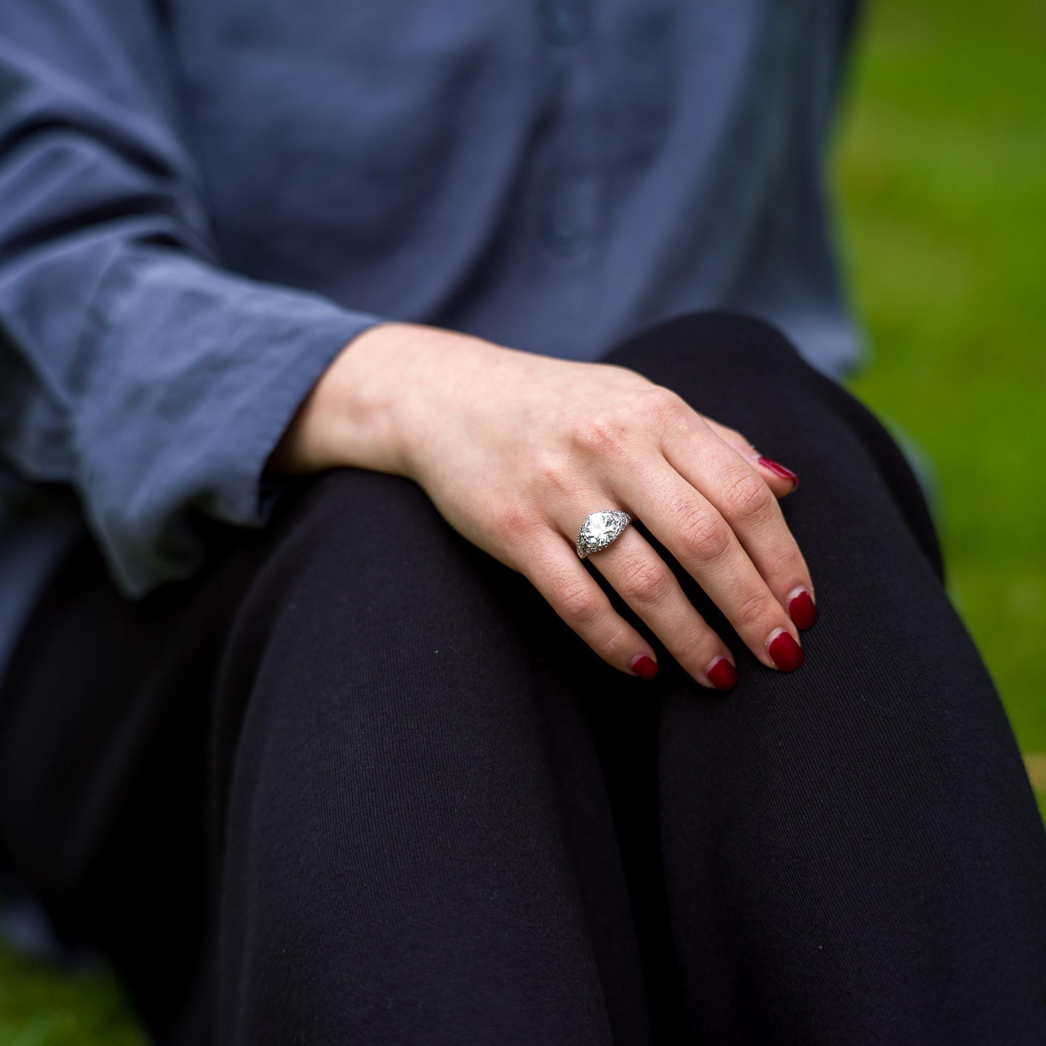 Bague Art déco ancienne en platine avec diamant taille vieille Europe de 4,14 carats en vente 5