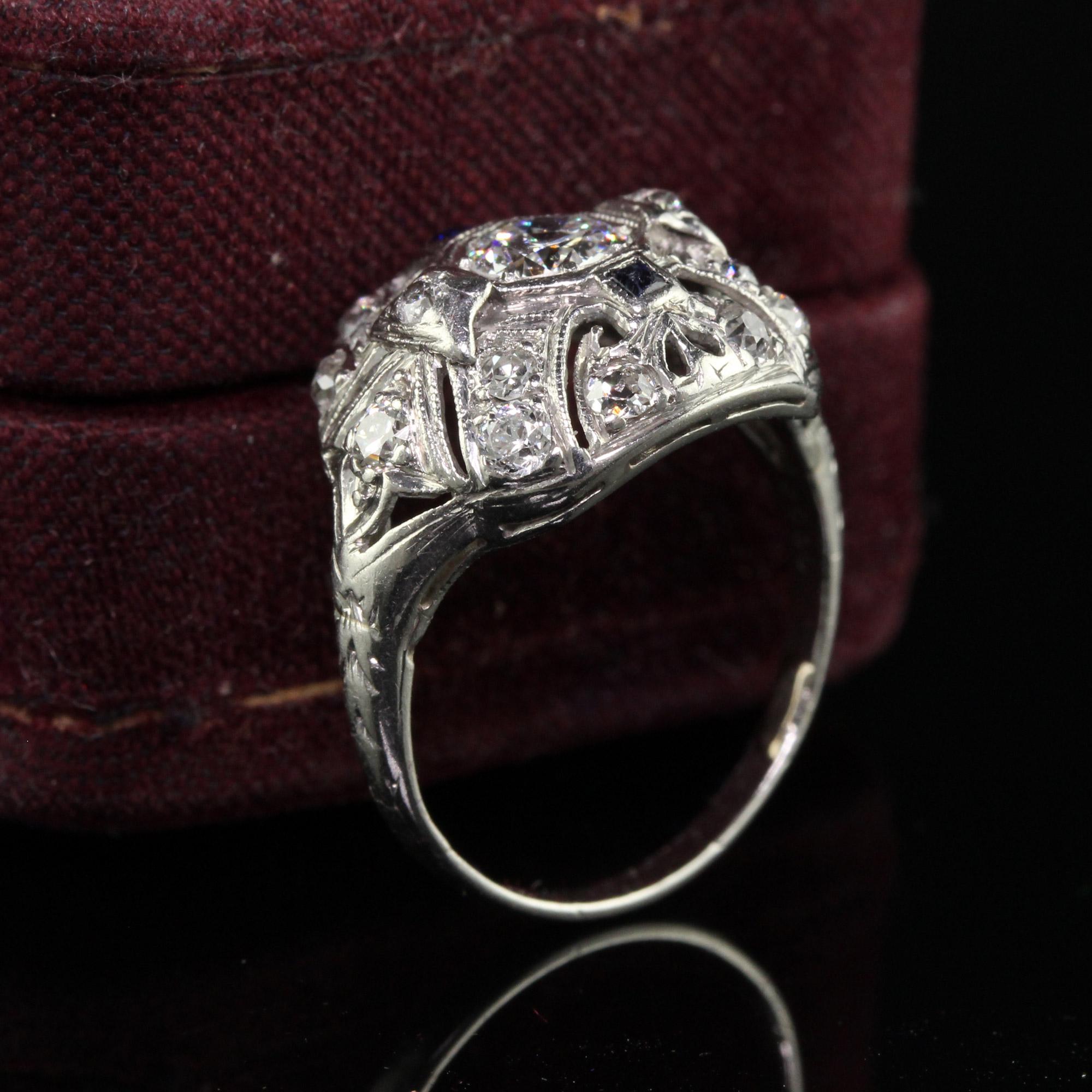 Antique Art Deco Platinum Old European Cut Diamond and Sapphire Cocktail Ring In Good Condition For Sale In Great Neck, NY