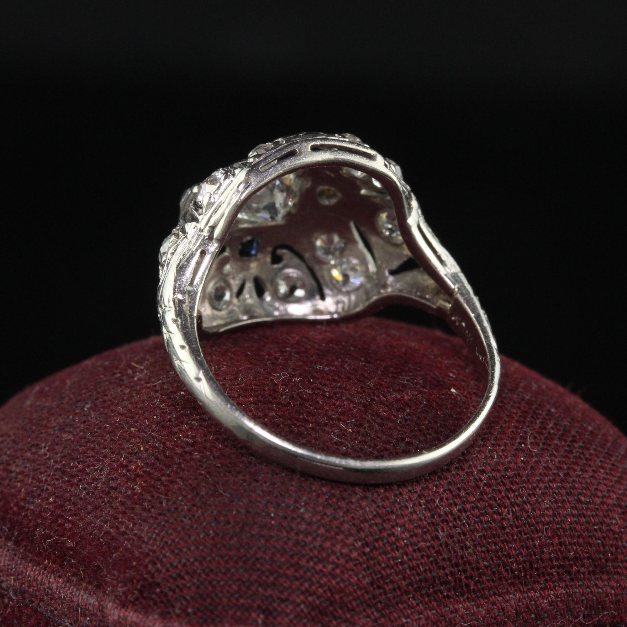 Women's Antique Art Deco Platinum Old European Cut Diamond and Sapphire Cocktail Ring For Sale