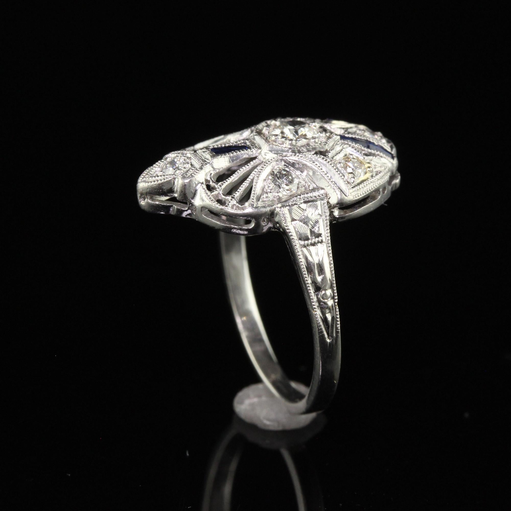 Antique Art Deco Platinum Old European Cut Diamond and Sapphire Cocktail Ring For Sale 2
