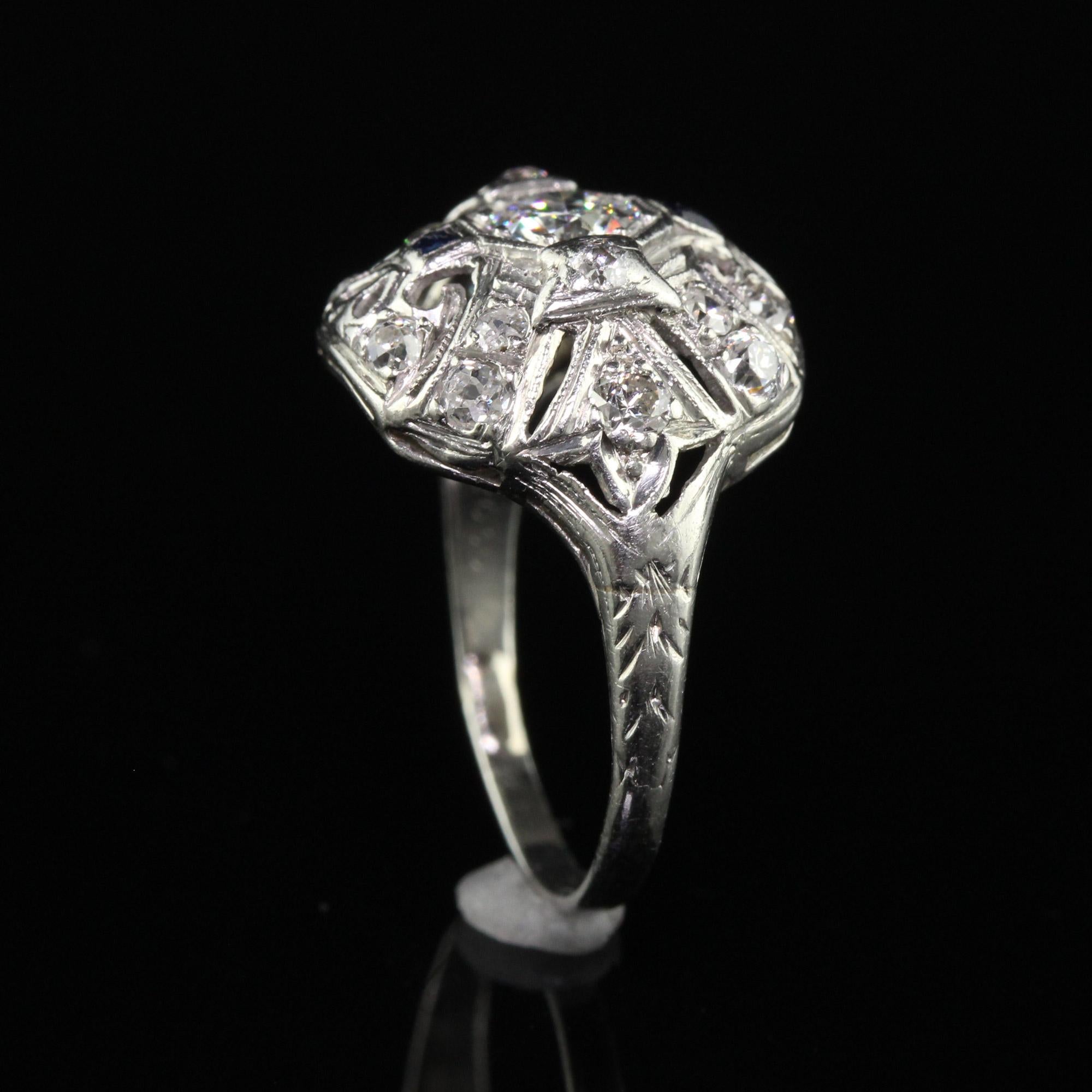 Antique Art Deco Platinum Old European Cut Diamond and Sapphire Cocktail Ring For Sale 3
