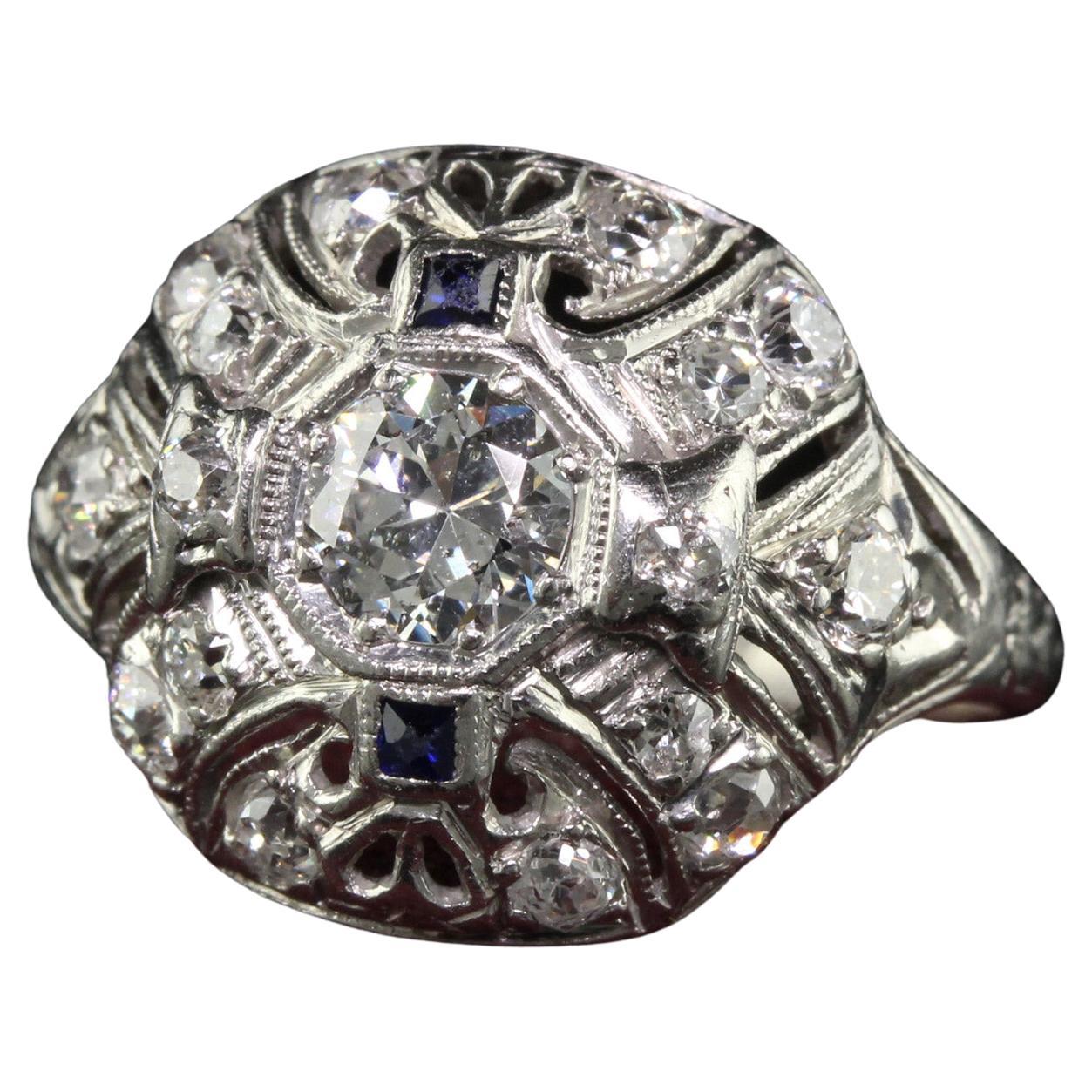 Anello da cocktail in platino Art Deco antico con diamanti e zaffiri taglio europeo