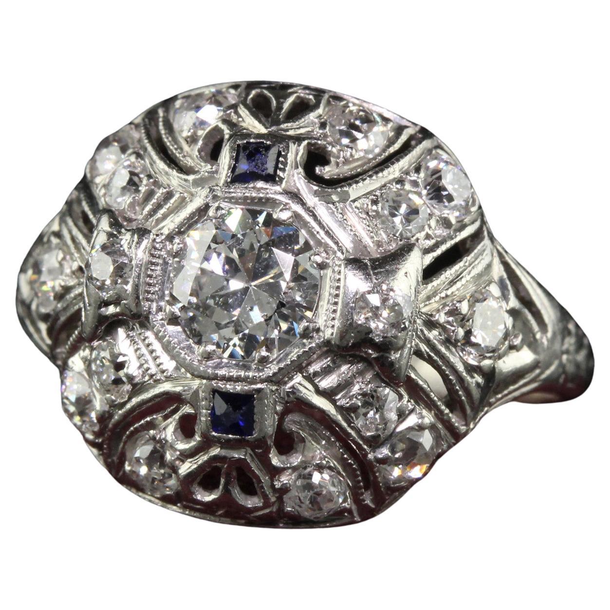 Antique Art Deco Platinum Old European Cut Diamond and Sapphire Cocktail Ring For Sale