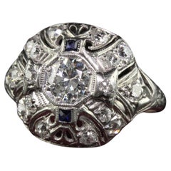 Antique Art Deco Platinum Old European Cut Diamond and Sapphire Cocktail Ring