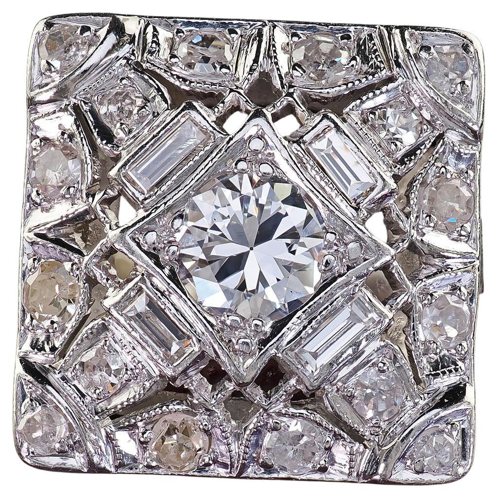 Antique Art Deco Platinum Old European Cut Diamond Baguette Cocktail Ring