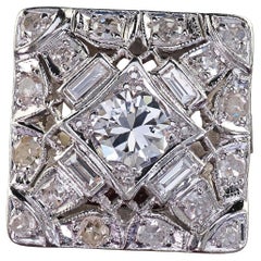 Antique Art Deco Platinum Old European Cut Diamond Baguette Cocktail Ring