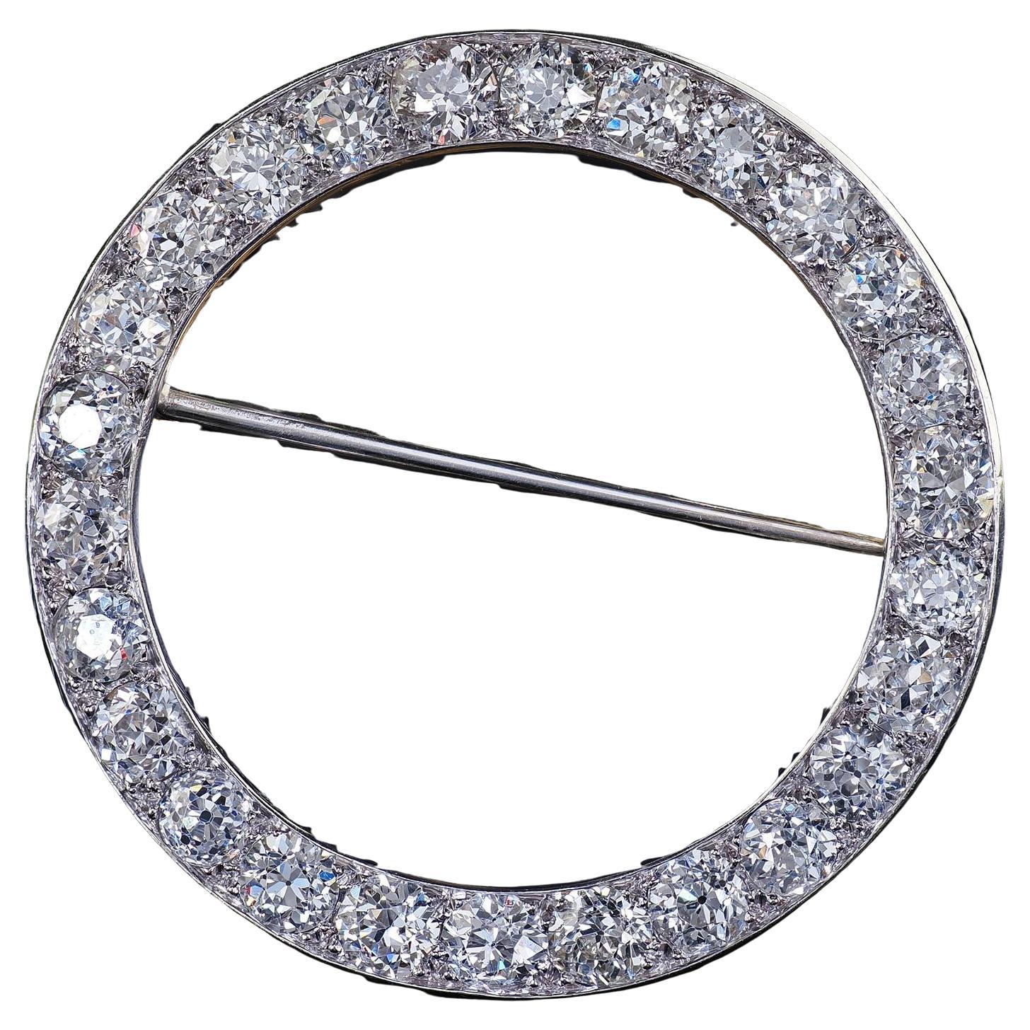 Antique Art Deco Platinum Old European Cut Diamond Circle Pin Brooch