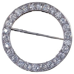 Antique Art Deco Platinum Old European Cut Diamond Circle Pin Brooch