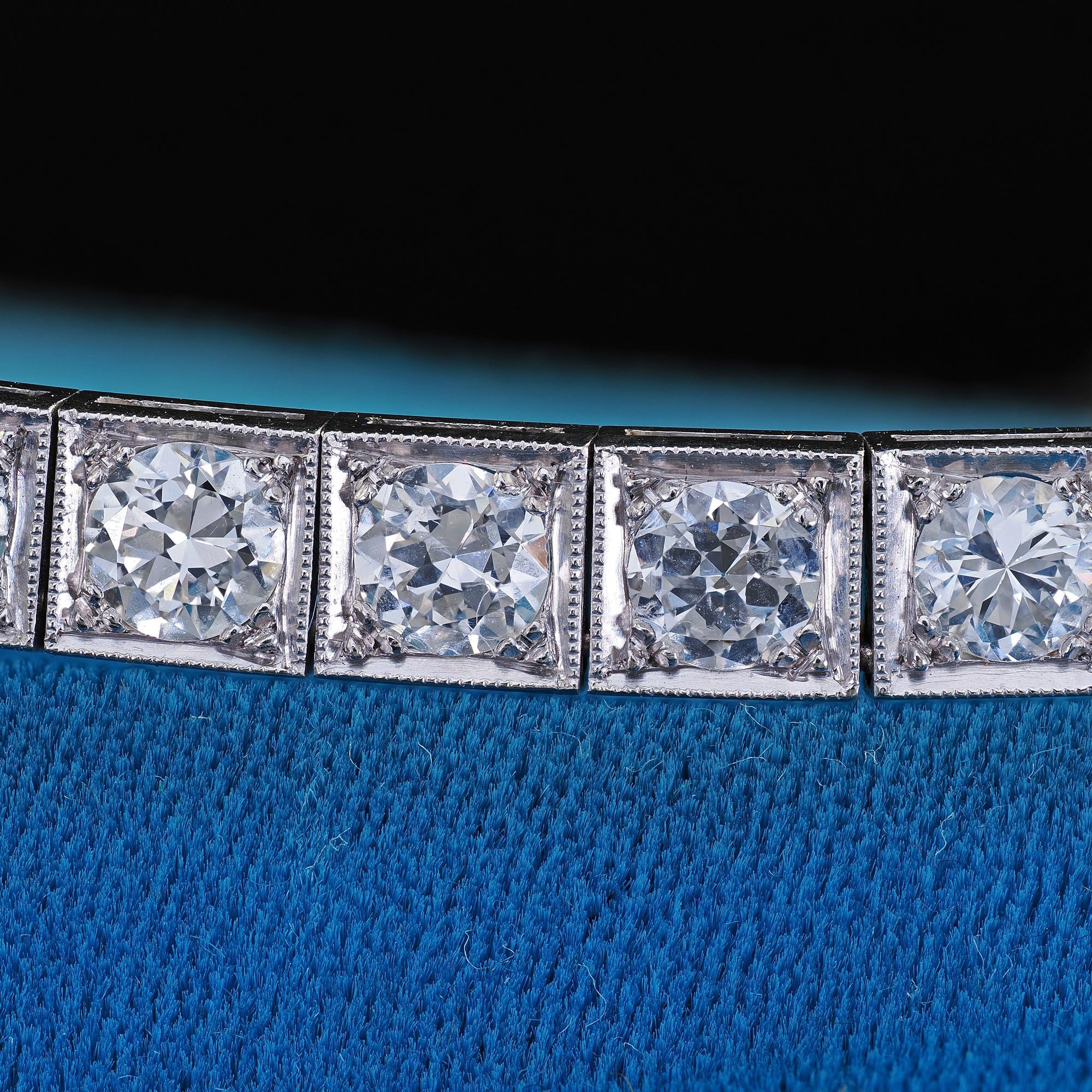 Antikes Art Deco Platin Alt Europäischer Schliff Diamant Classic Tennis Armband im Zustand „Gut“ im Angebot in Great Neck, NY