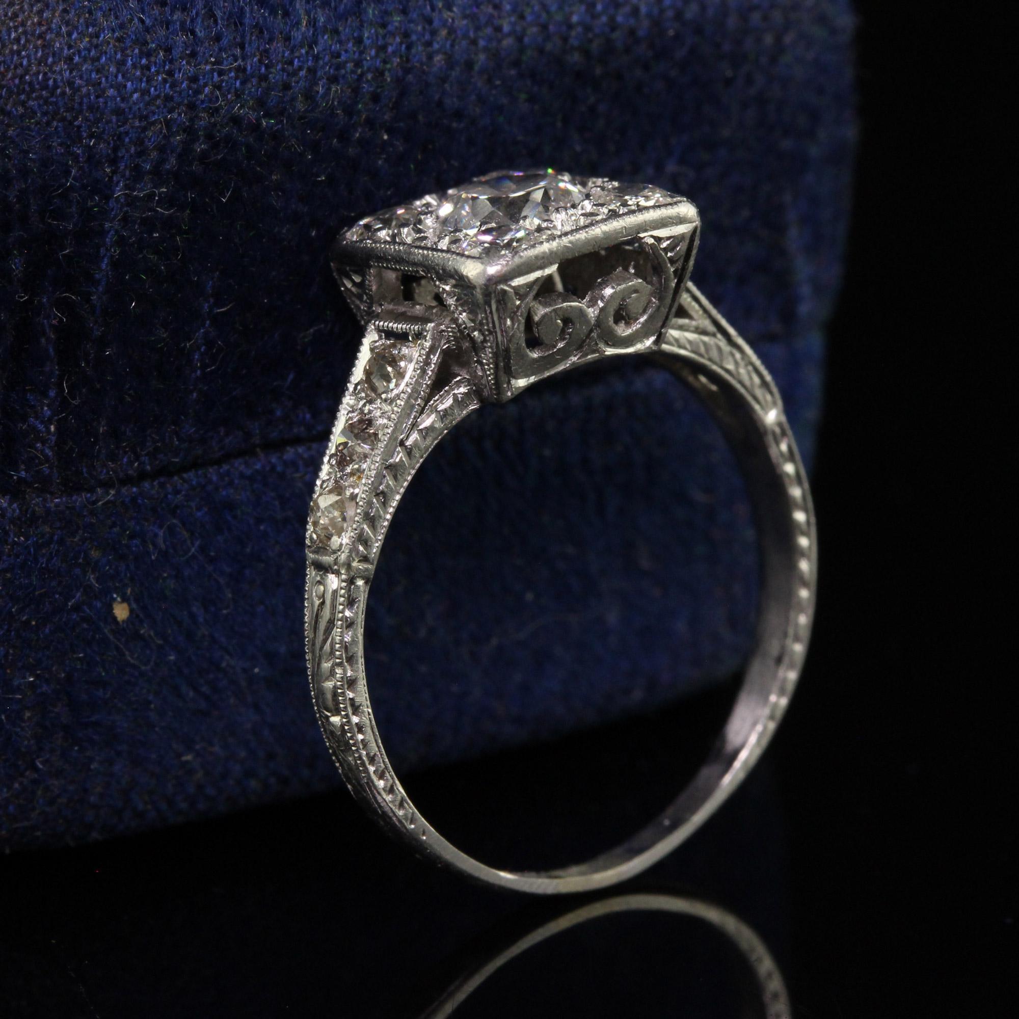 Antique Art Deco Platinum Old European Cut Diamond Cluster Engagement Ring In Good Condition For Sale In Great Neck, NY