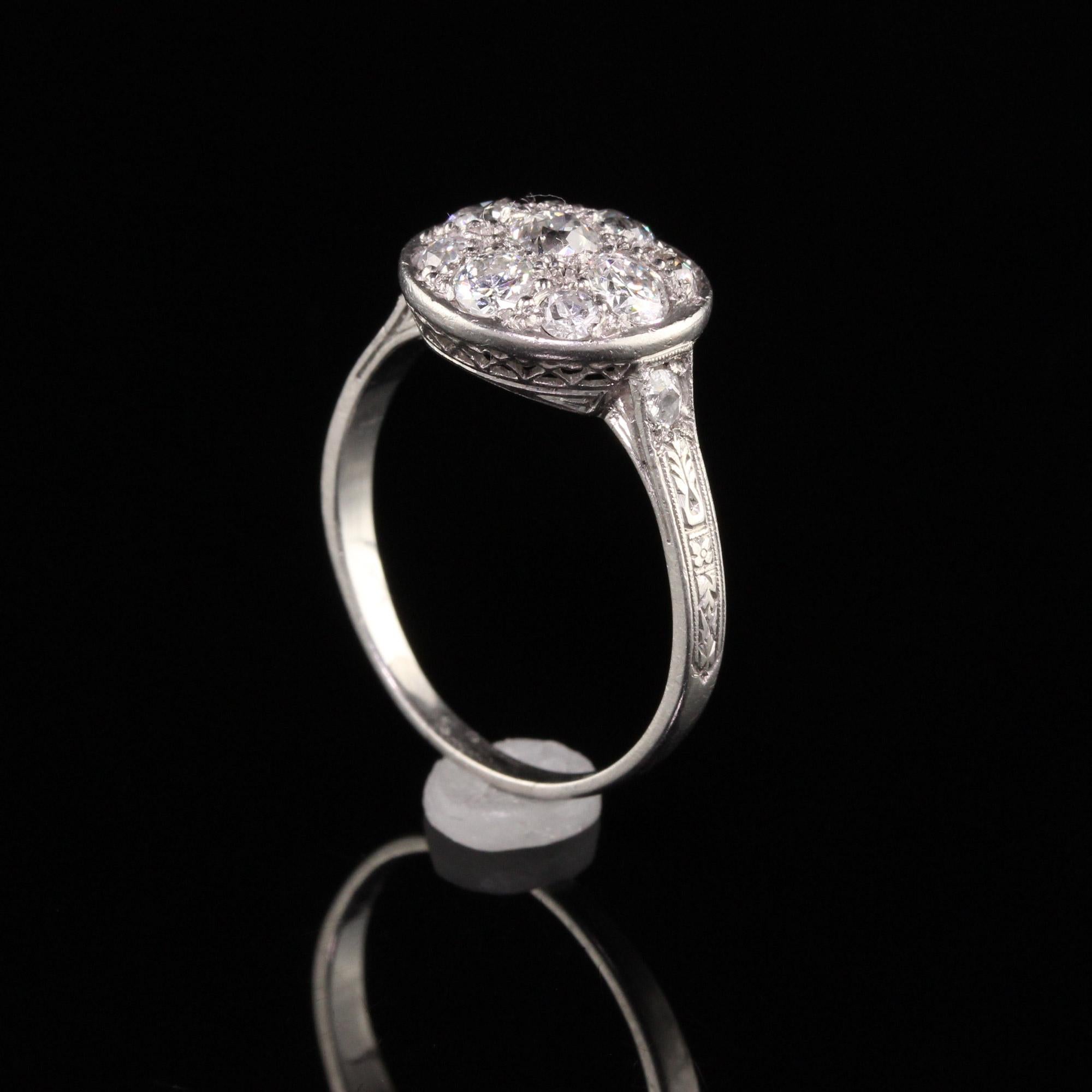 Women's Antique Art Deco Platinum Old European Cut Diamond Cluster Engagement Ring