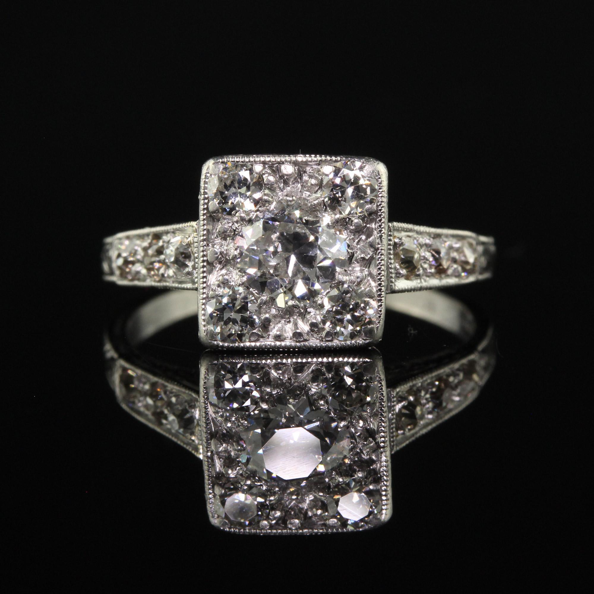 Women's Antique Art Deco Platinum Old European Cut Diamond Cluster Engagement Ring For Sale
