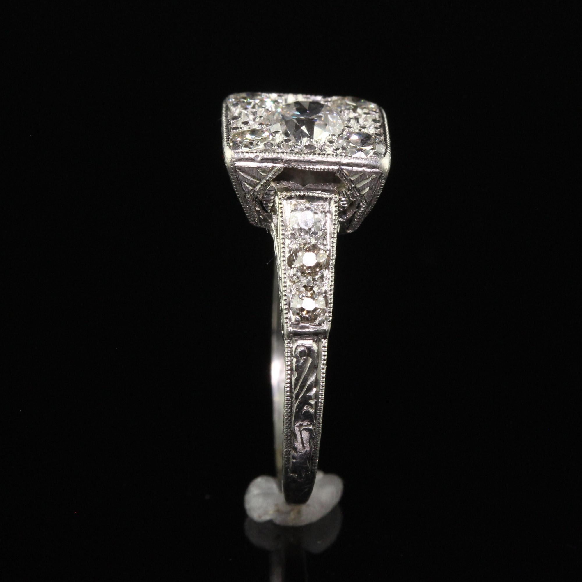 Antique Art Deco Platinum Old European Cut Diamond Cluster Engagement Ring For Sale 2
