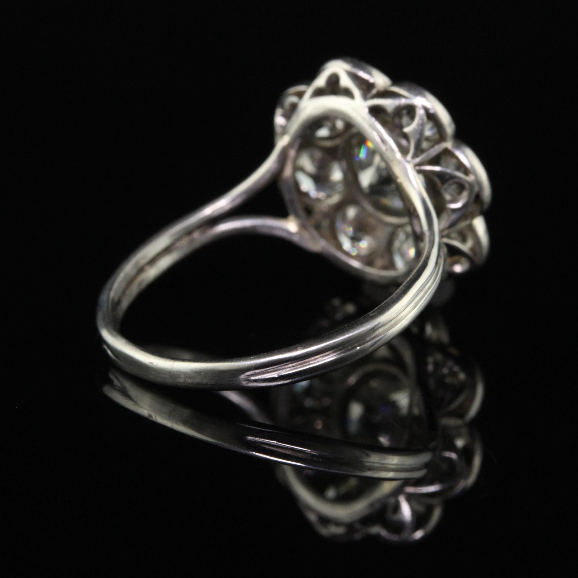 Antique Art Deco Platinum Old European Cut Diamond Cluster Engagement Ring For Sale 3