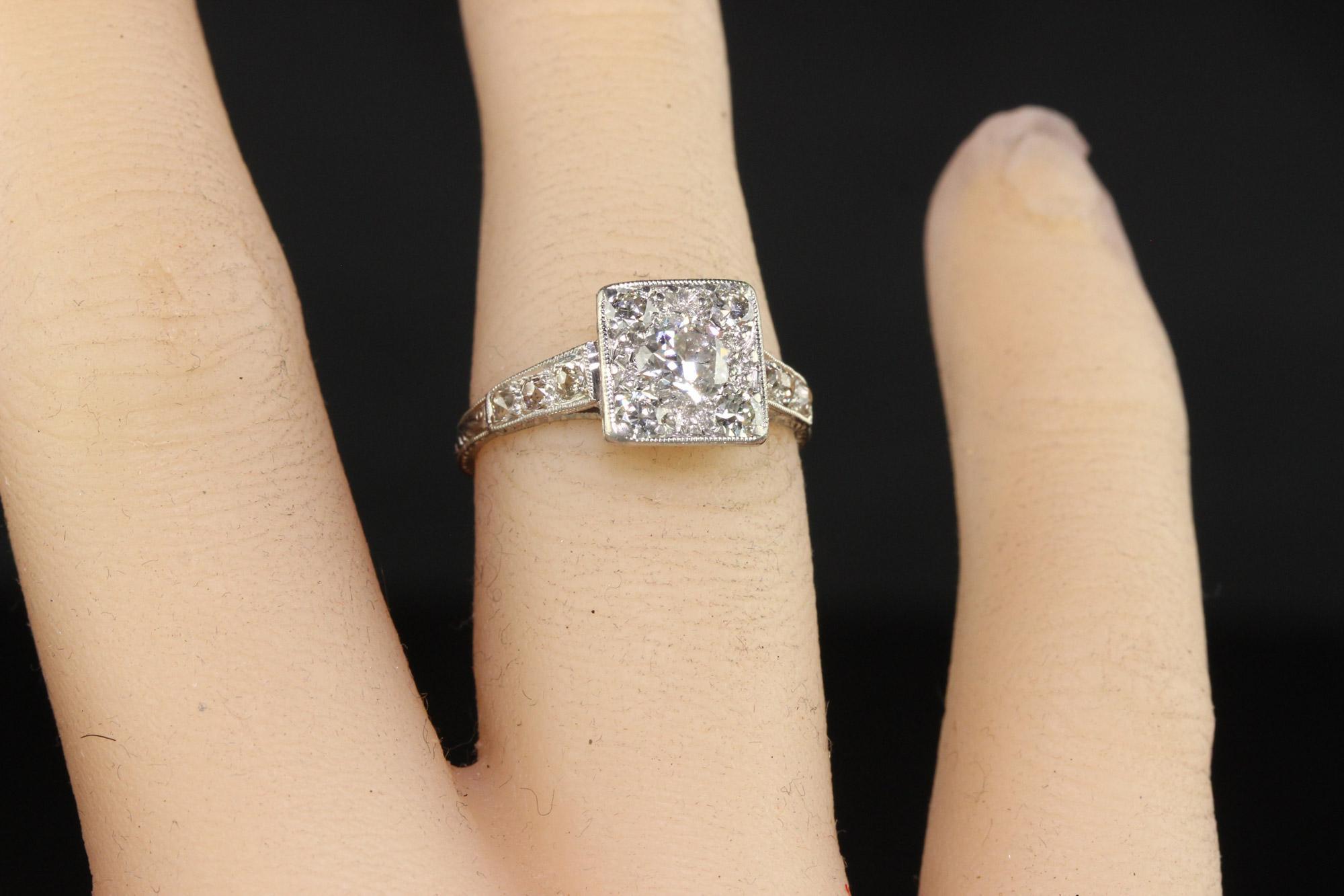 Antique Art Deco Platinum Old European Cut Diamond Cluster Engagement Ring For Sale 3