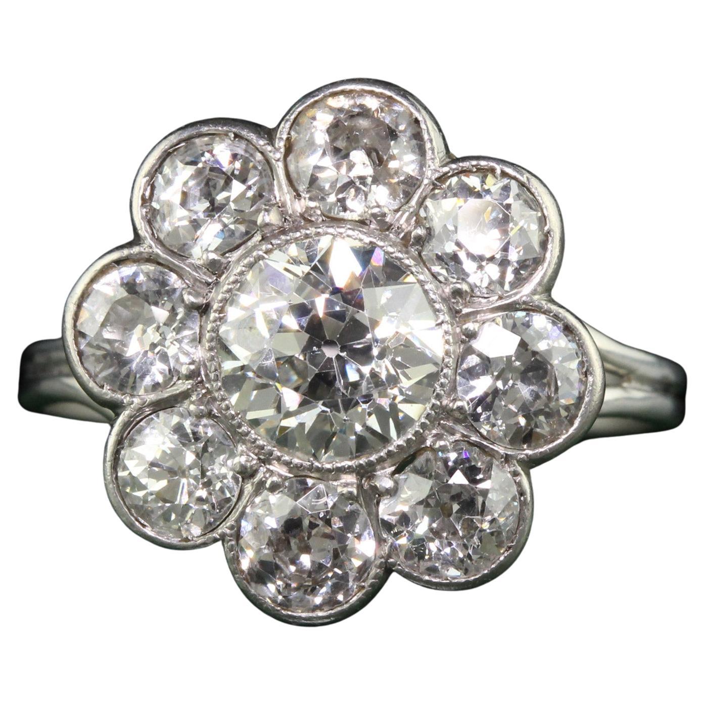 Antique Art Deco Platinum Old European Cut Diamond Cluster Engagement Ring For Sale