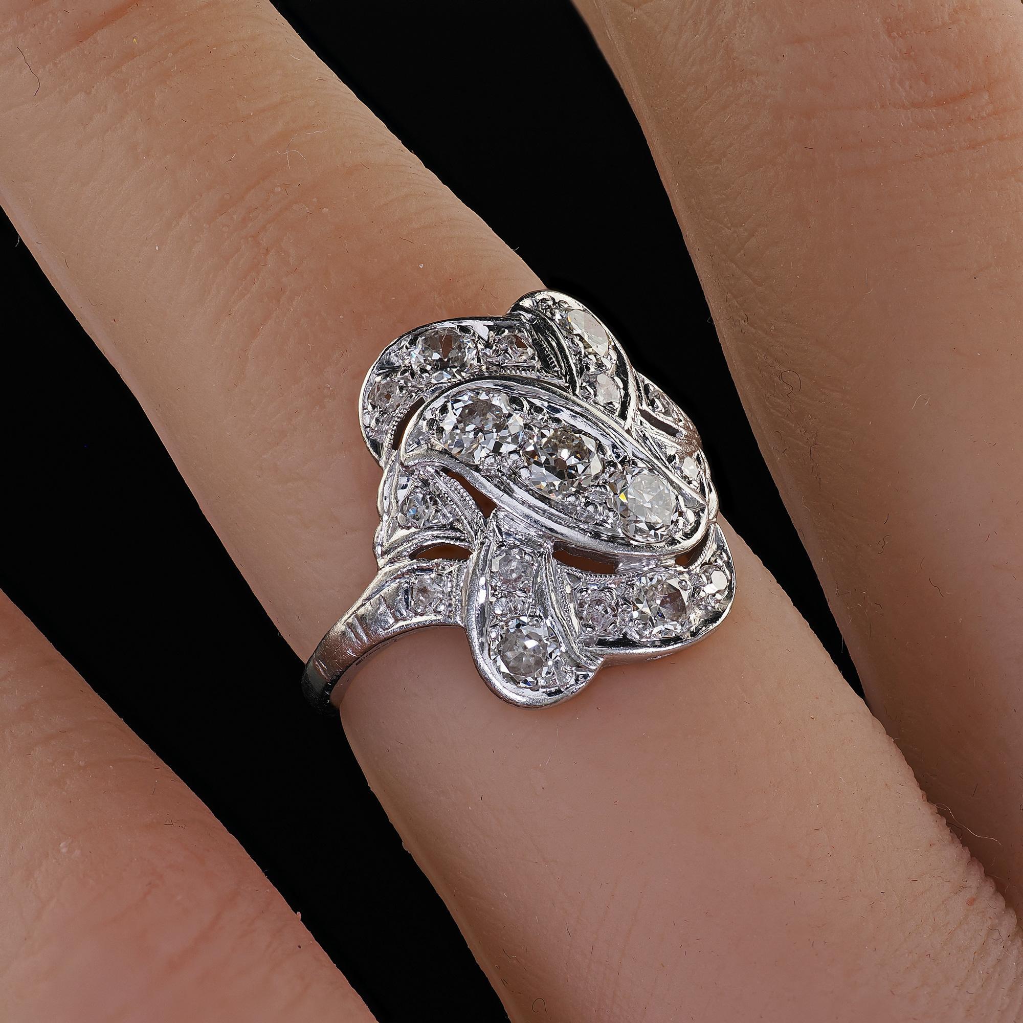 Anillo Escudo Cóctel Antiguo Art Decó Platino Diamante Corte Viejo Europeo en venta 5