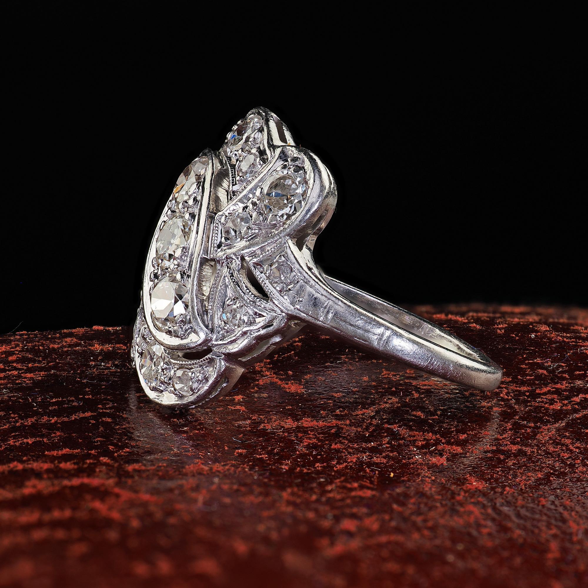 De las mujeres Anillo Escudo Cóctel Antiguo Art Decó Platino Diamante Corte Viejo Europeo en venta