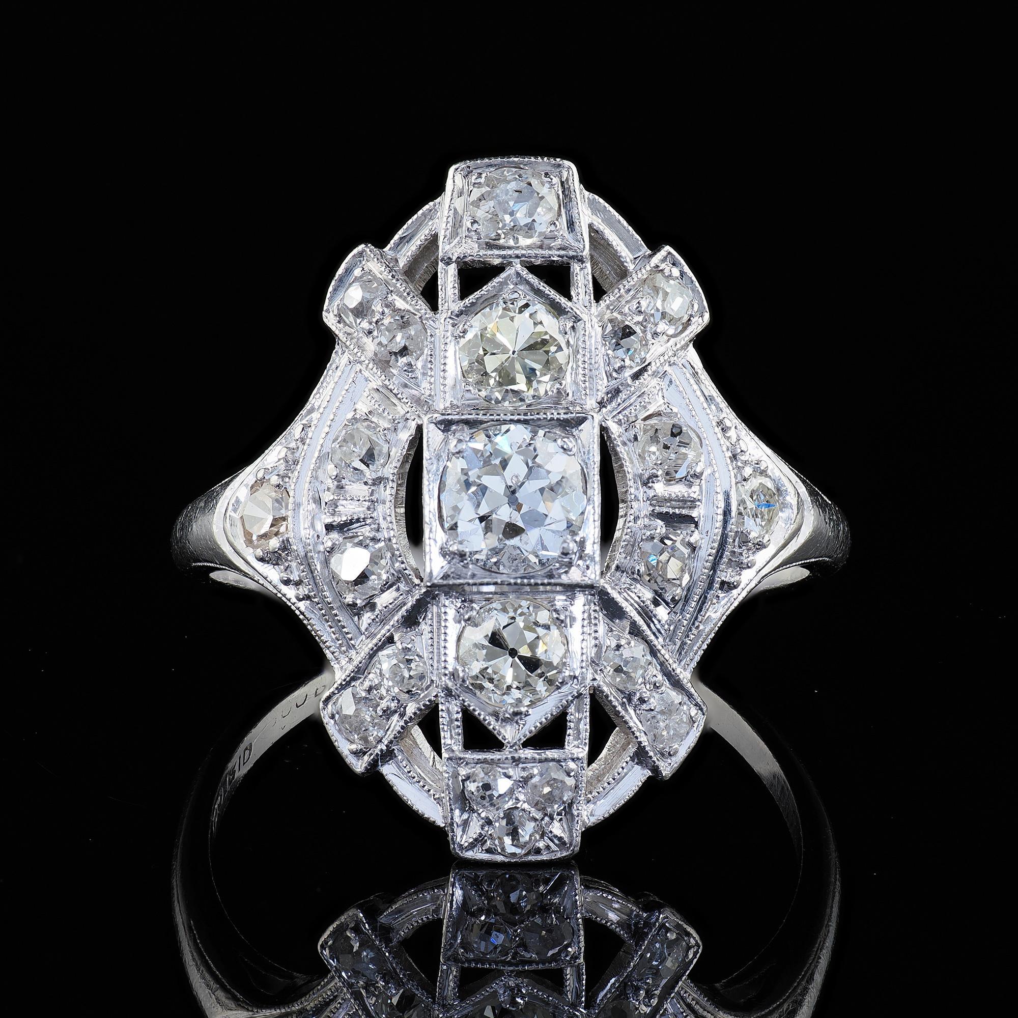 Anillo Escudo Cóctel Antiguo Art Decó Platino Diamante Corte Viejo Europeo en venta 1