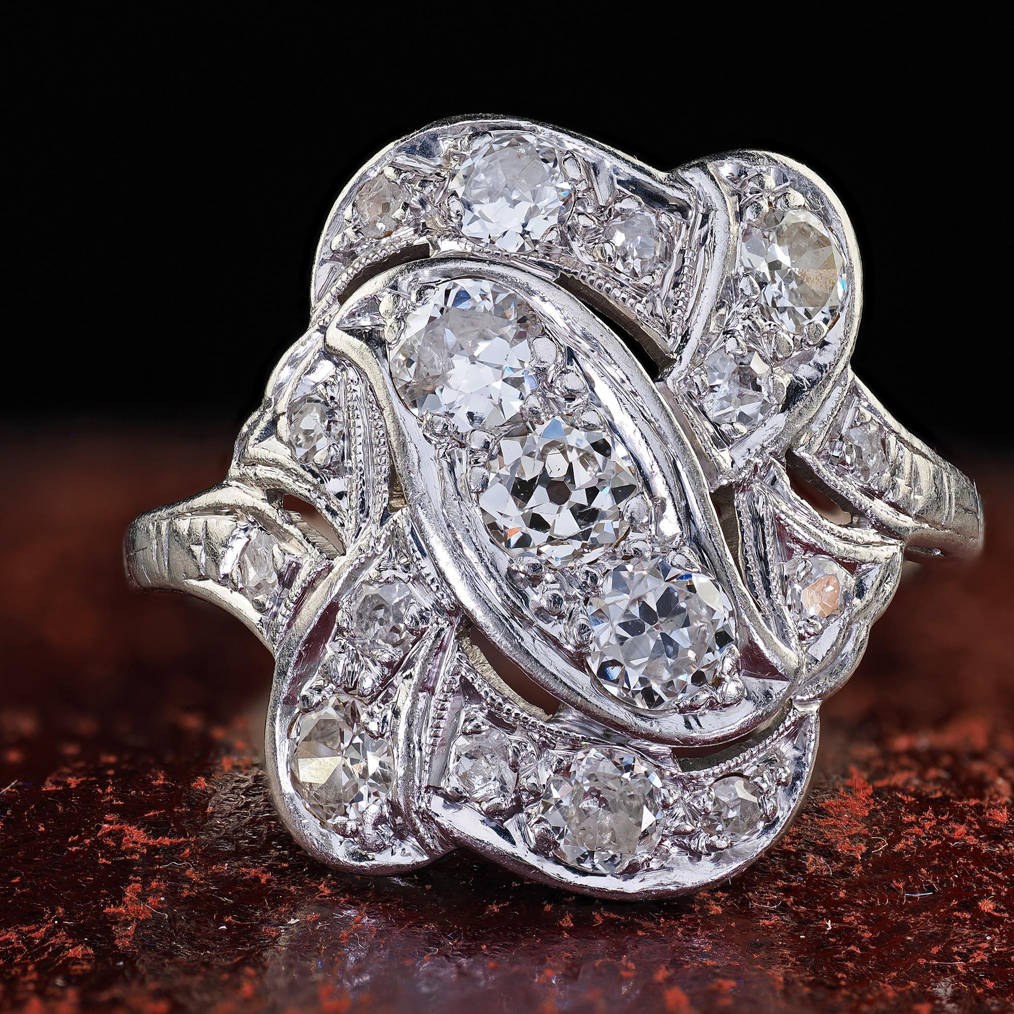 Anillo Escudo Cóctel Antiguo Art Decó Platino Diamante Corte Viejo Europeo en venta 1