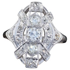 Bague cocktail art déco ancienne en platine avec diamant taille européenne ancienne