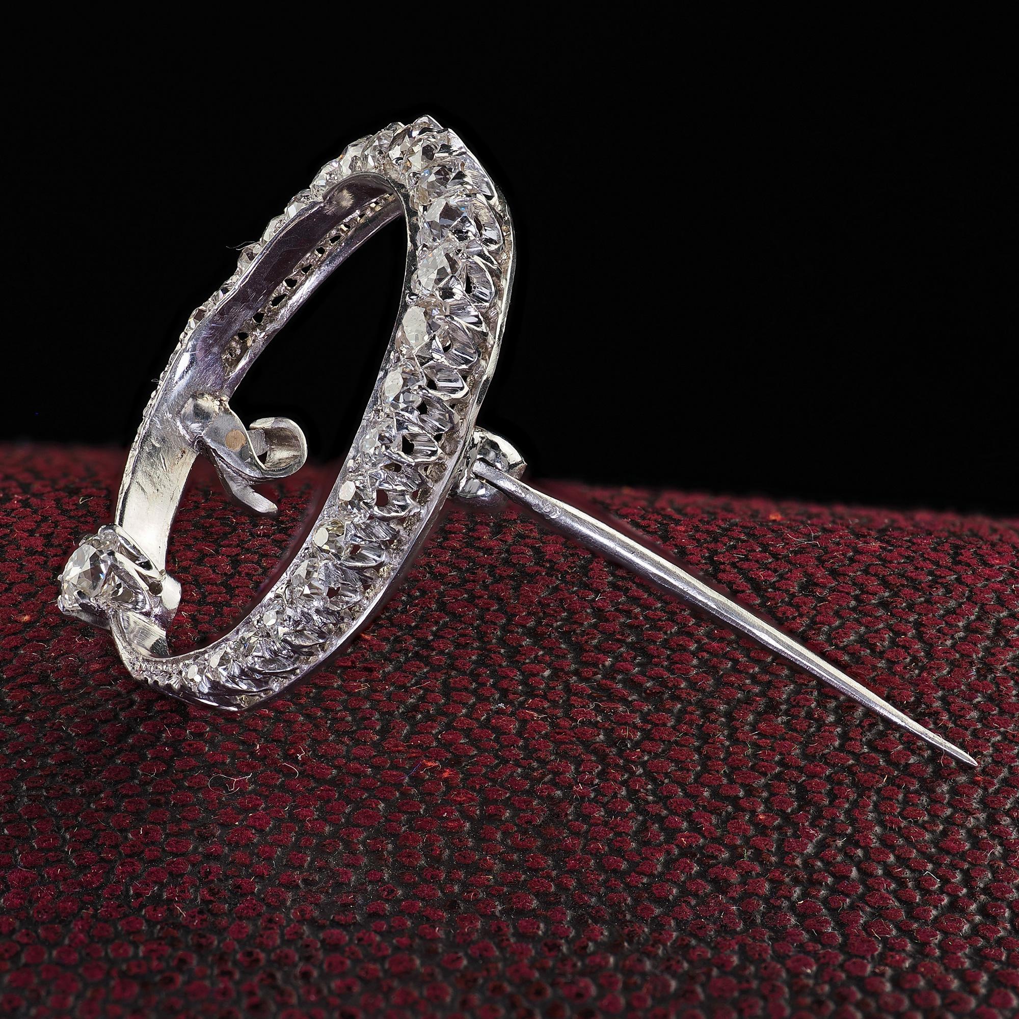 Antique Art Deco Platinum Old European Cut Diamond Crescent Pin In Good Condition In Great Neck, NY