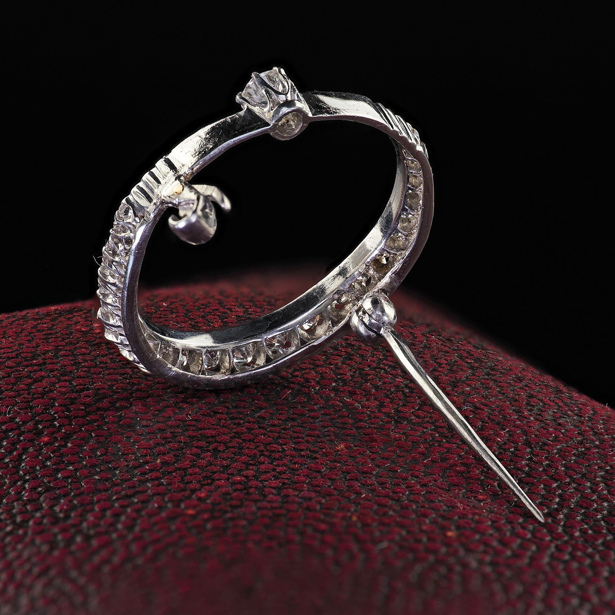 Antique Art Deco Platinum Old European Cut Diamond Crescent Pin 3