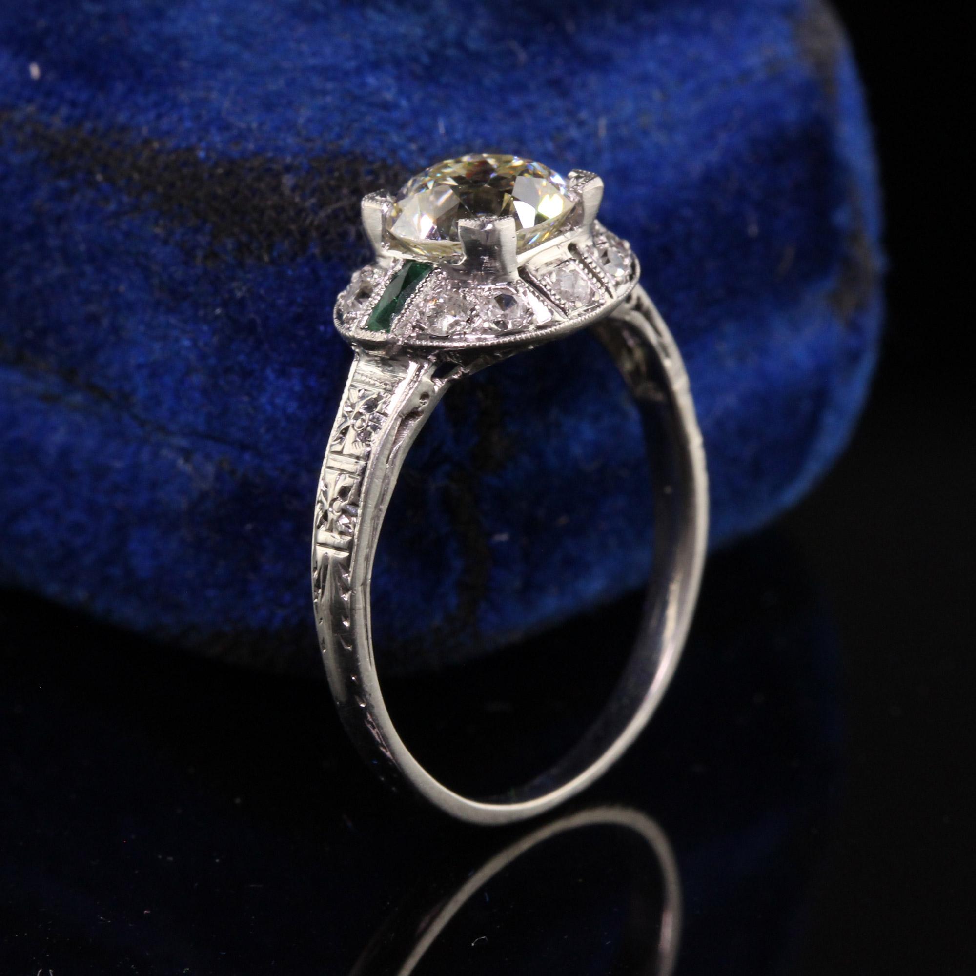 Antique Art Deco Platinum Old European Cut Diamond Emerald Engagement Ring In Good Condition In Great Neck, NY