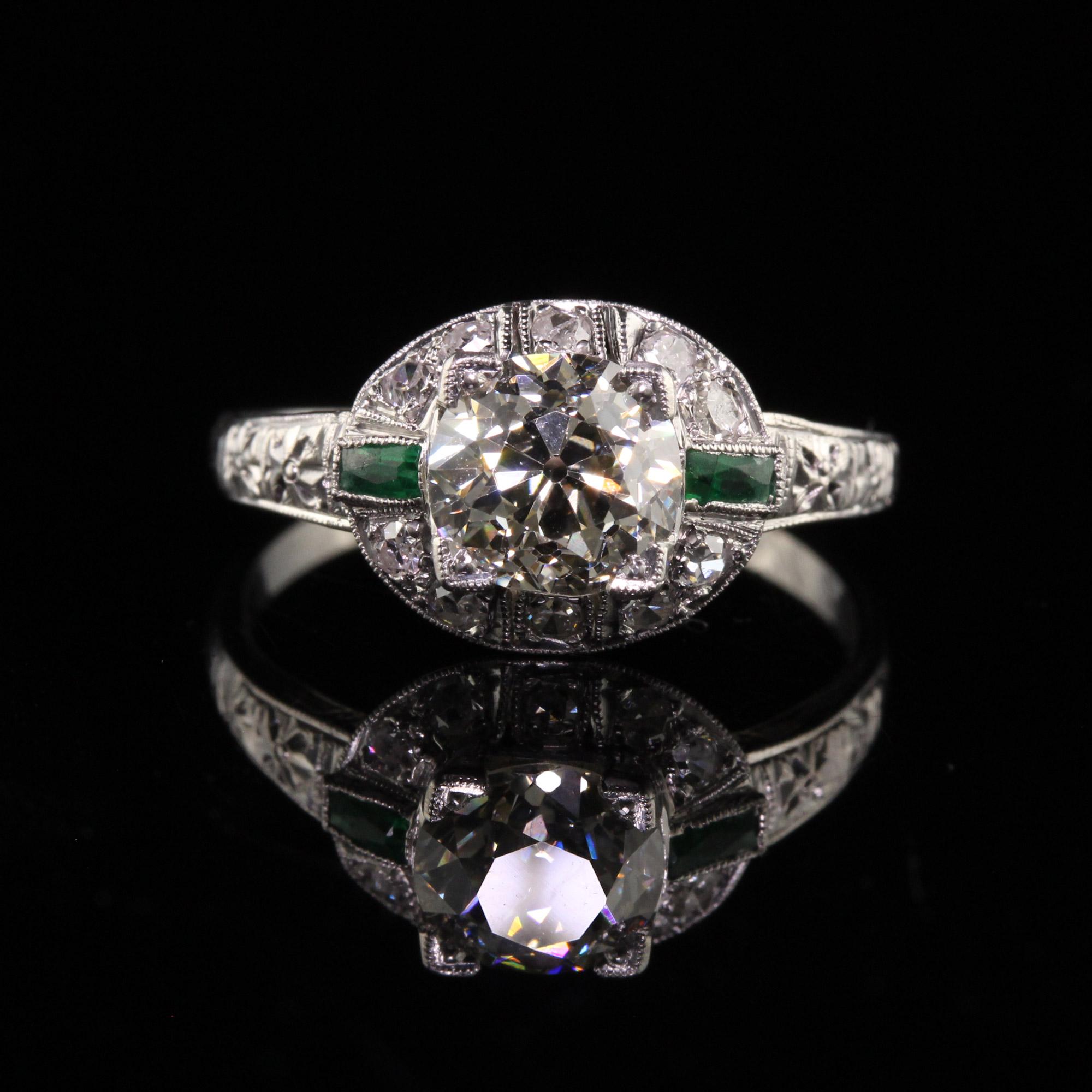 Women's Antique Art Deco Platinum Old European Cut Diamond Emerald Engagement Ring
