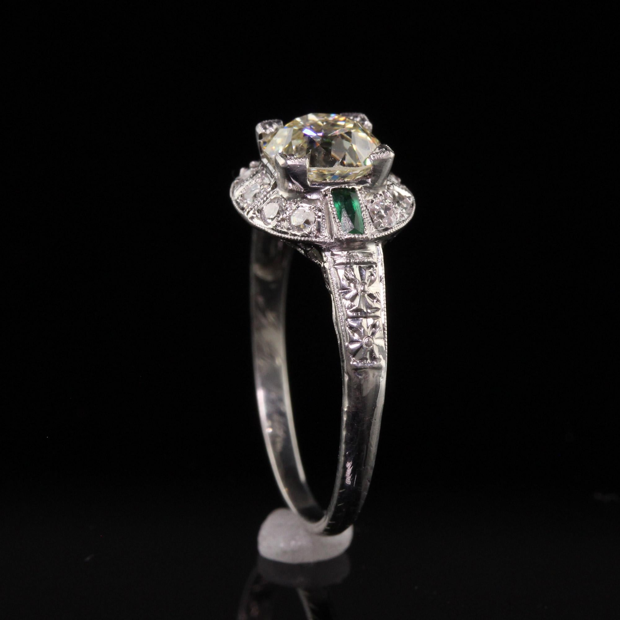 Antique Art Deco Platinum Old European Cut Diamond Emerald Engagement Ring 2