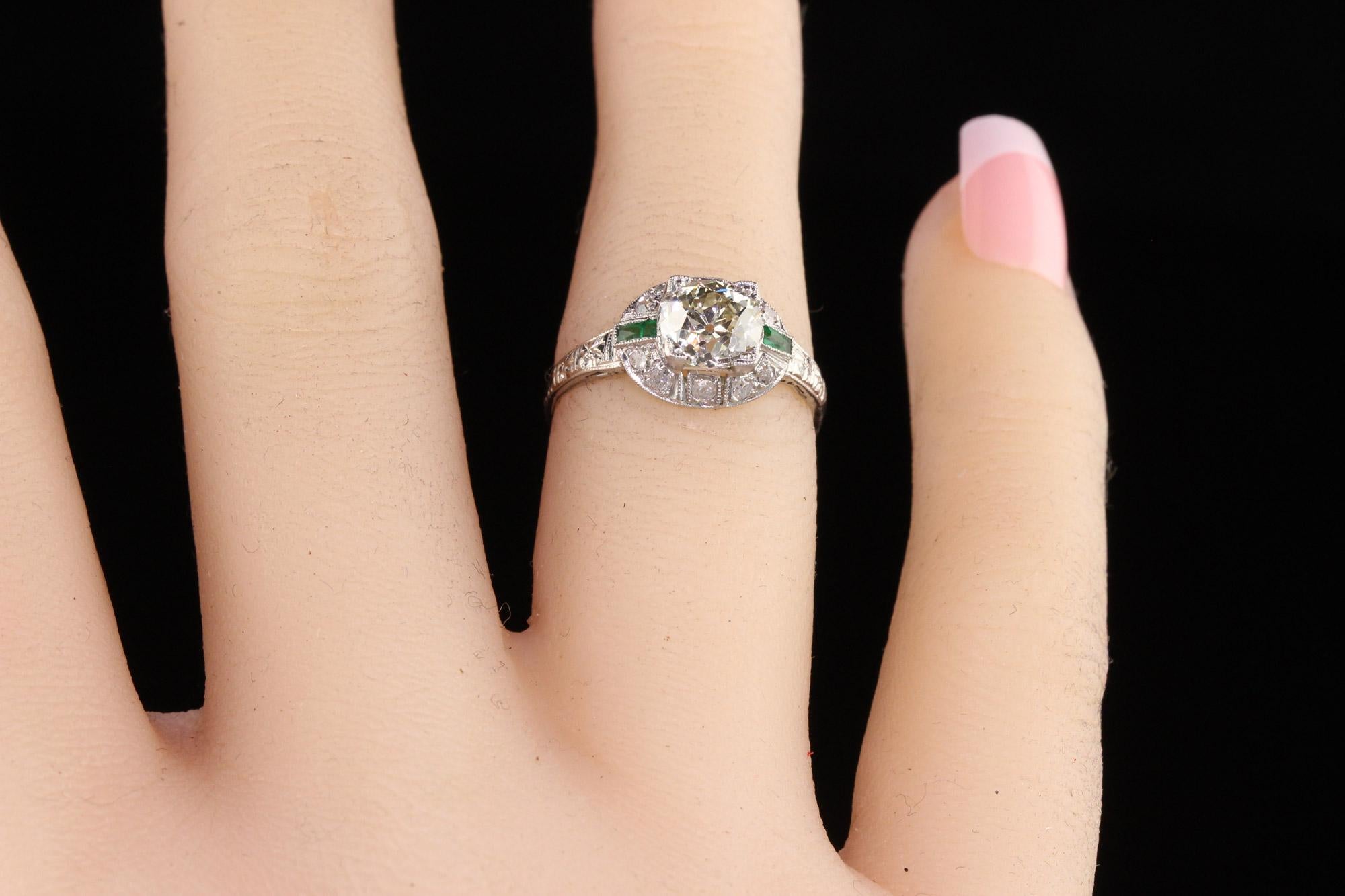 Antique Art Deco Platinum Old European Cut Diamond Emerald Engagement Ring 3