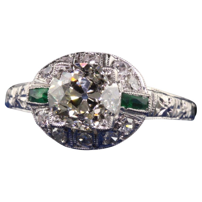 Antique Art Deco Platinum Old European Cut Diamond Emerald Engagement Ring For Sale at 1stDibs