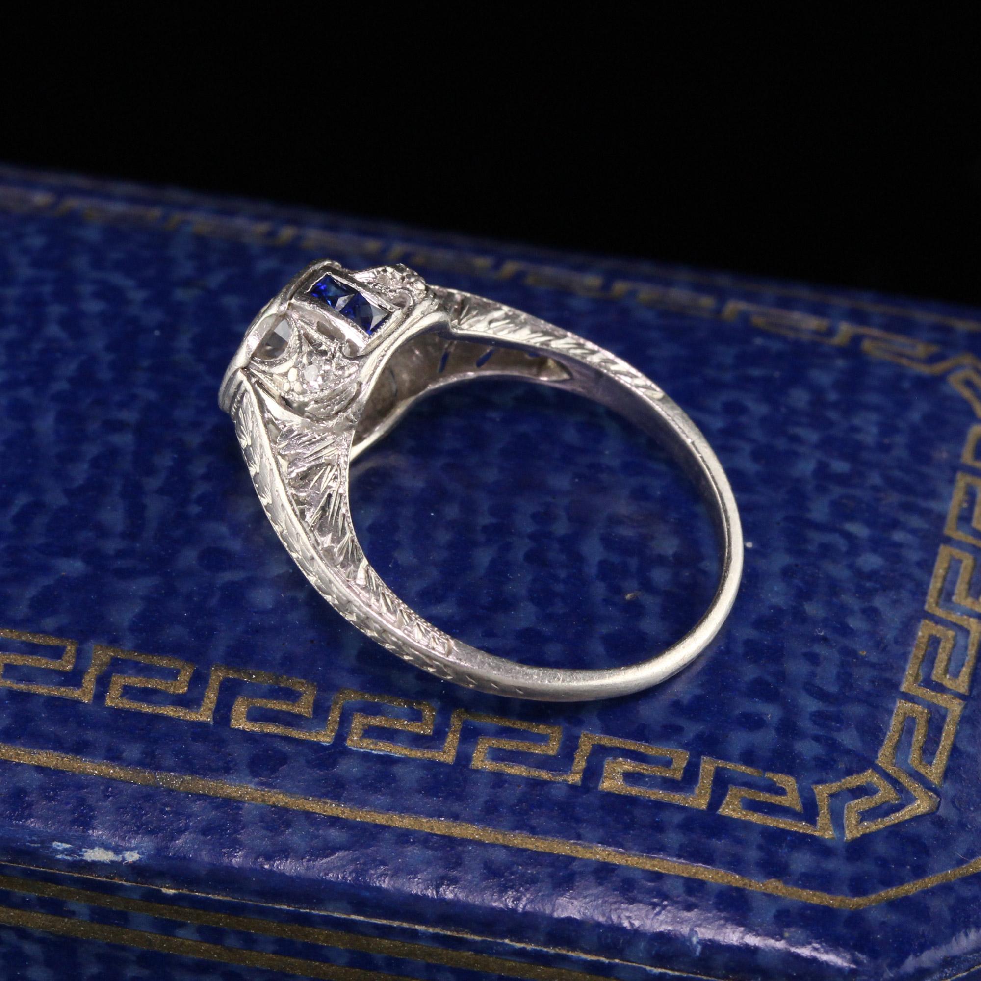 Gorgeous Antique Art Deco Platinum Old European Cut Diamond Engagement Ring. This gorgeous engagement ring has an approximate .50 ct old european cut diamond in the center of an intricate art deco platinum mounting with sapphire accents. 

Item