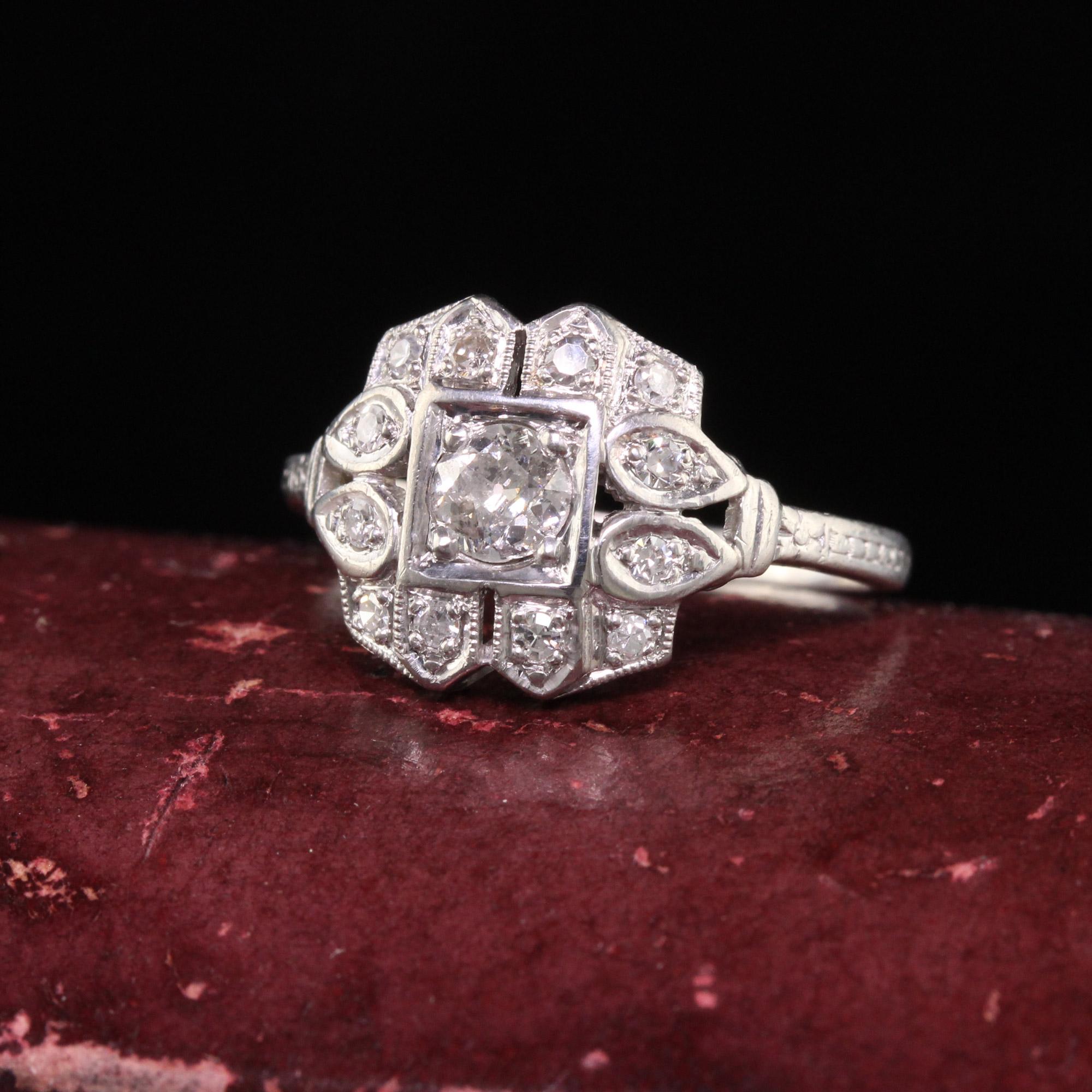 Beautiful Antique Art Deco Platinum Old European Cut Diamond Engagement Ring. This beautiful ring is crafted in platinum. There are old european cut diamond all on the top of the ring. The inside of the shank is engraved 