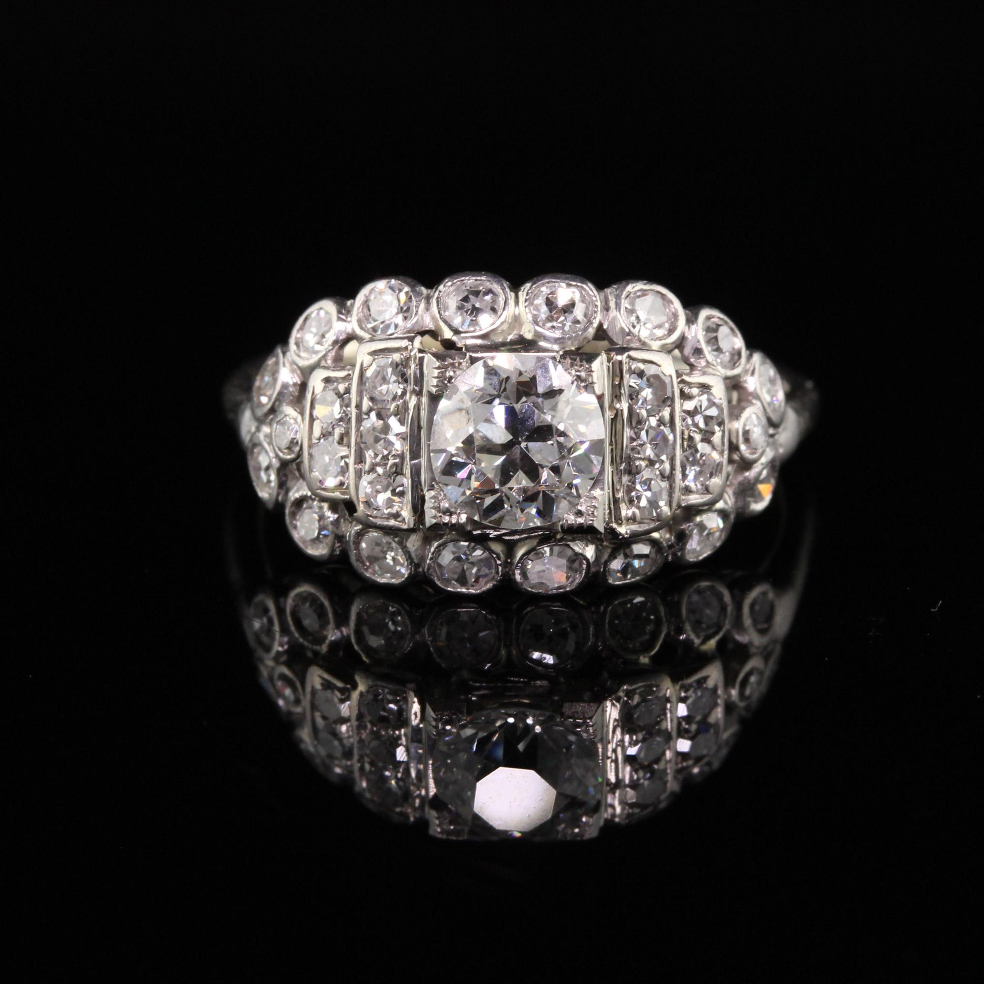 Antique Art Deco Platinum Old European Cut Diamond Engagement Ring In Good Condition In Great Neck, NY