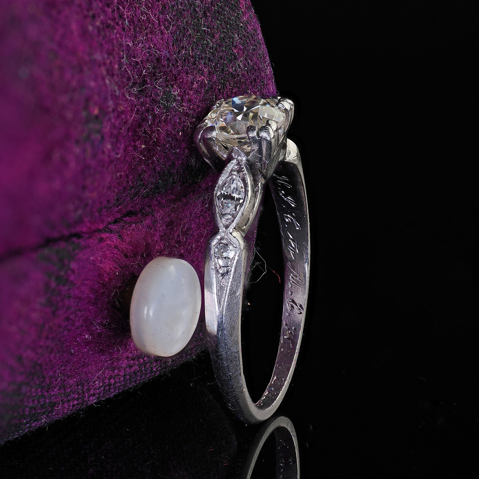 Antique Art Deco Platinum Old European Cut Diamond Engagement Ring In Good Condition For Sale In Great Neck, NY
