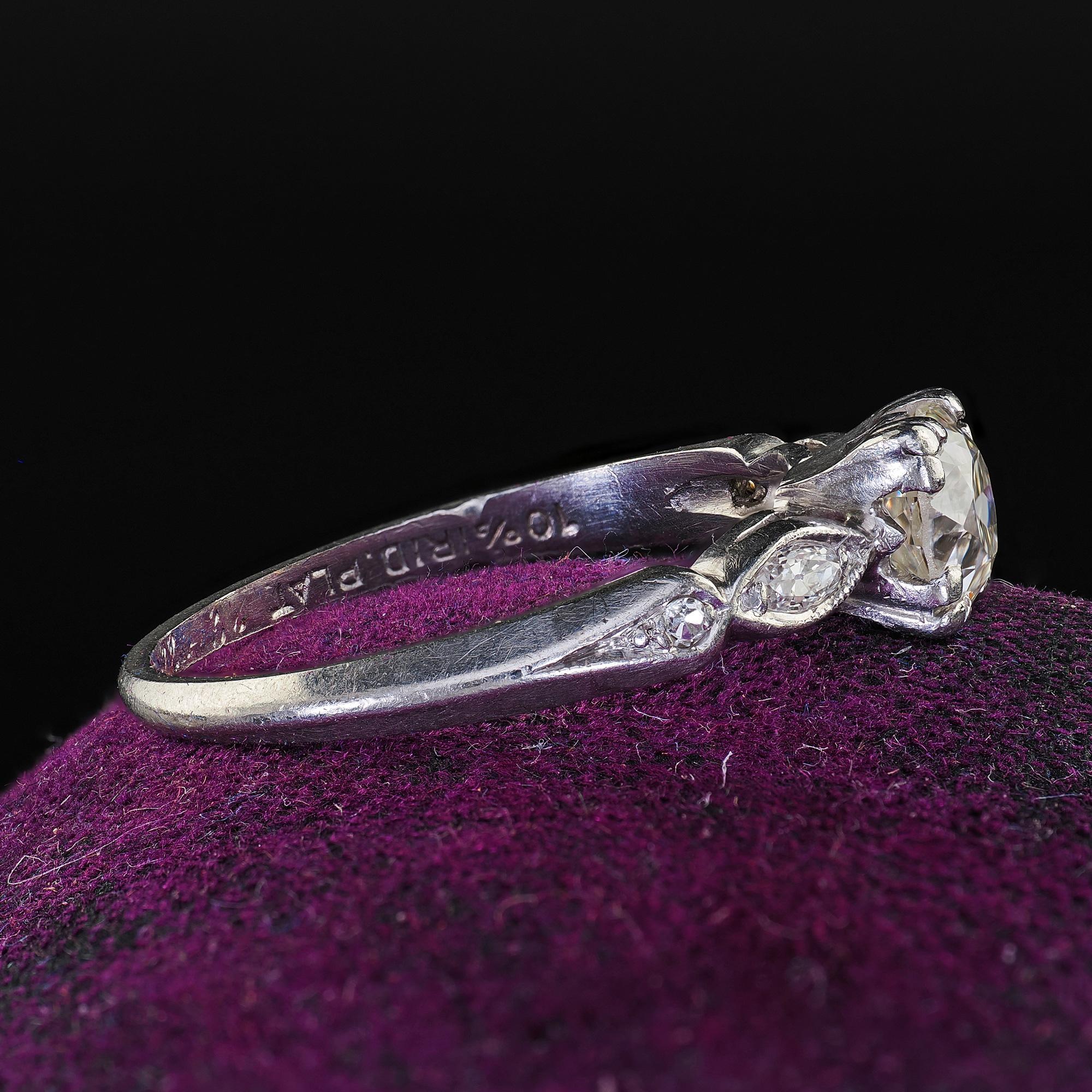 Antique Art Deco Platinum Old European Cut Diamond Engagement Ring For Sale 1