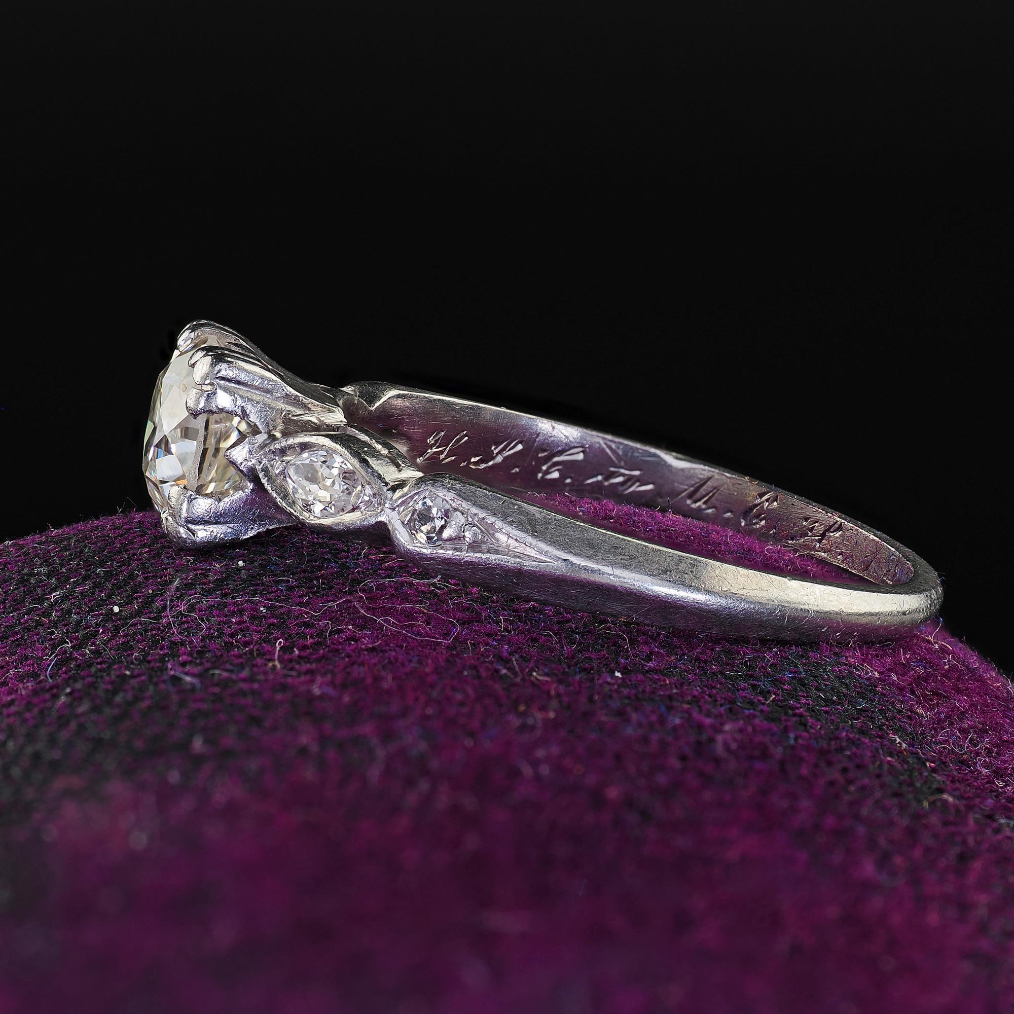 Antique Art Deco Platinum Old European Cut Diamond Engagement Ring For Sale 2