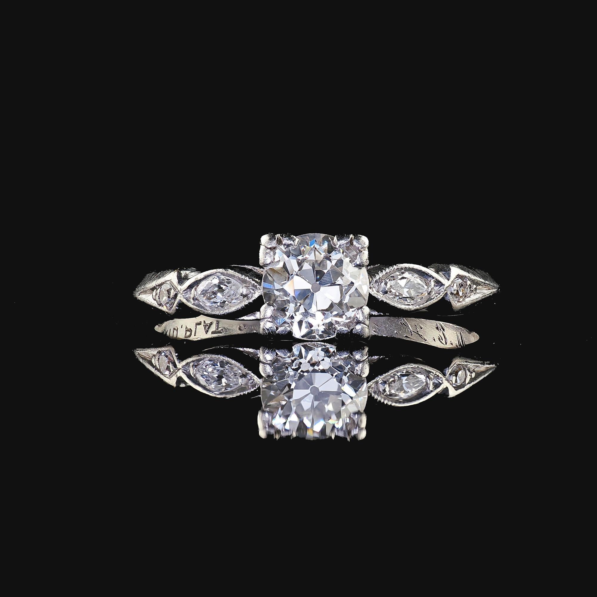 Antique Art Deco Platinum Old European Cut Diamond Engagement Ring For Sale 3