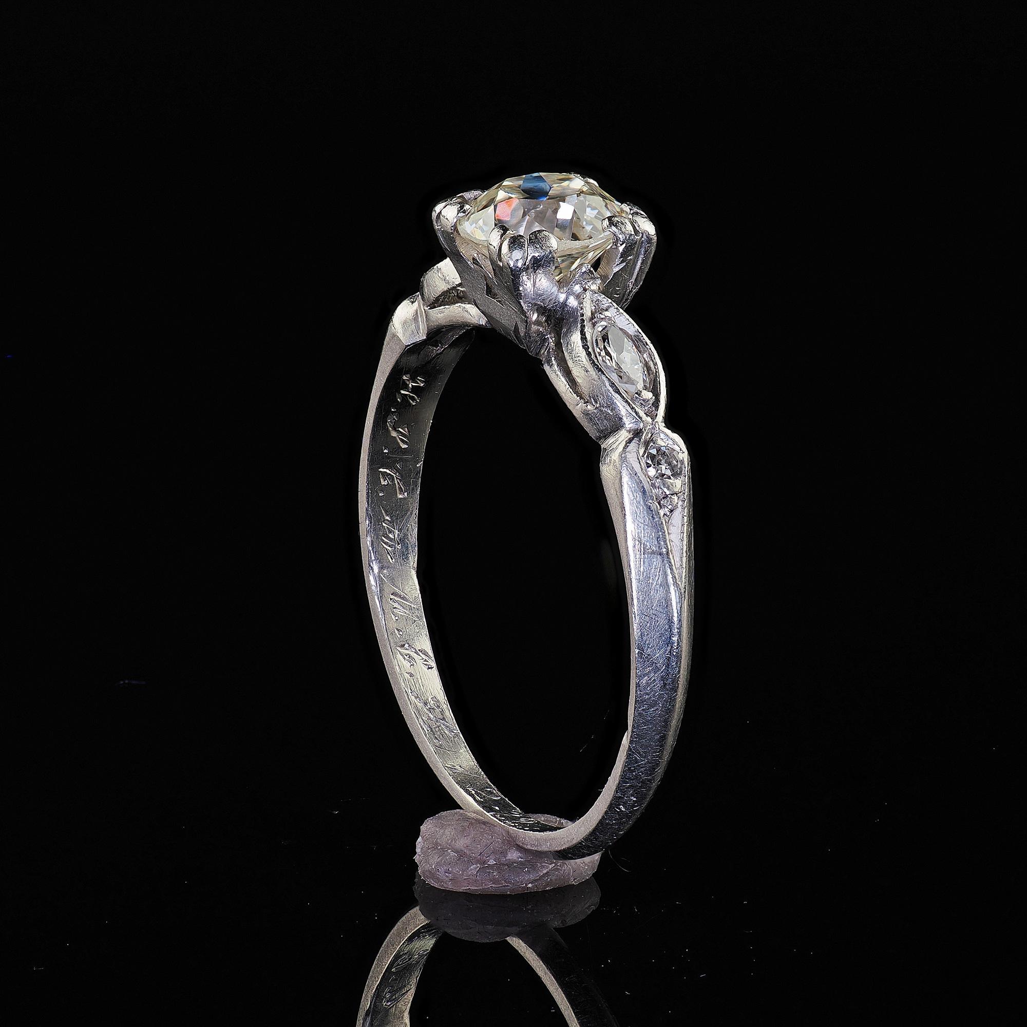 Antique Art Deco Platinum Old European Cut Diamond Engagement Ring For Sale 5